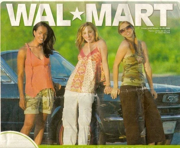 Vintage-style Walmart advertisement featuring three casually dressed women posing in front of a car. The design is reminiscent of early 2000s fashion flyers.