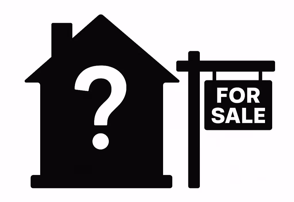 Silhouette of a house with a question mark and a "For Sale" sign, symbolizing an unknown business or property listing.