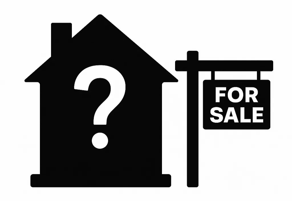 Silhouette of a house with a question mark and a "For Sale" sign, symbolizing an unknown business or property listing.