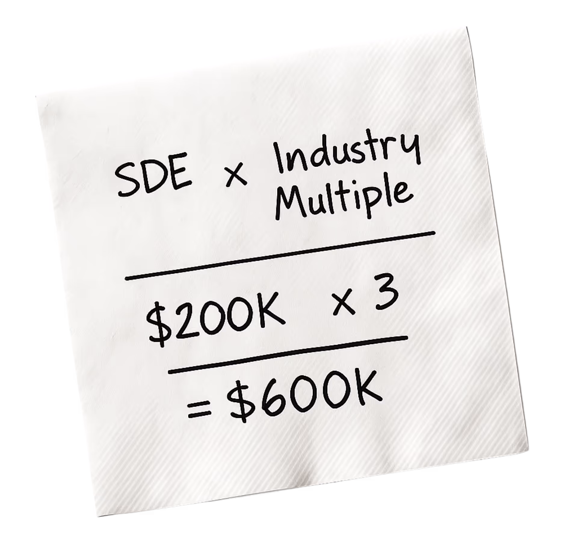 Visual formula on a napkin showing how to calculate business valuation using SDE (Seller’s Discretionary Earnings) multiplied by an industry multiple.