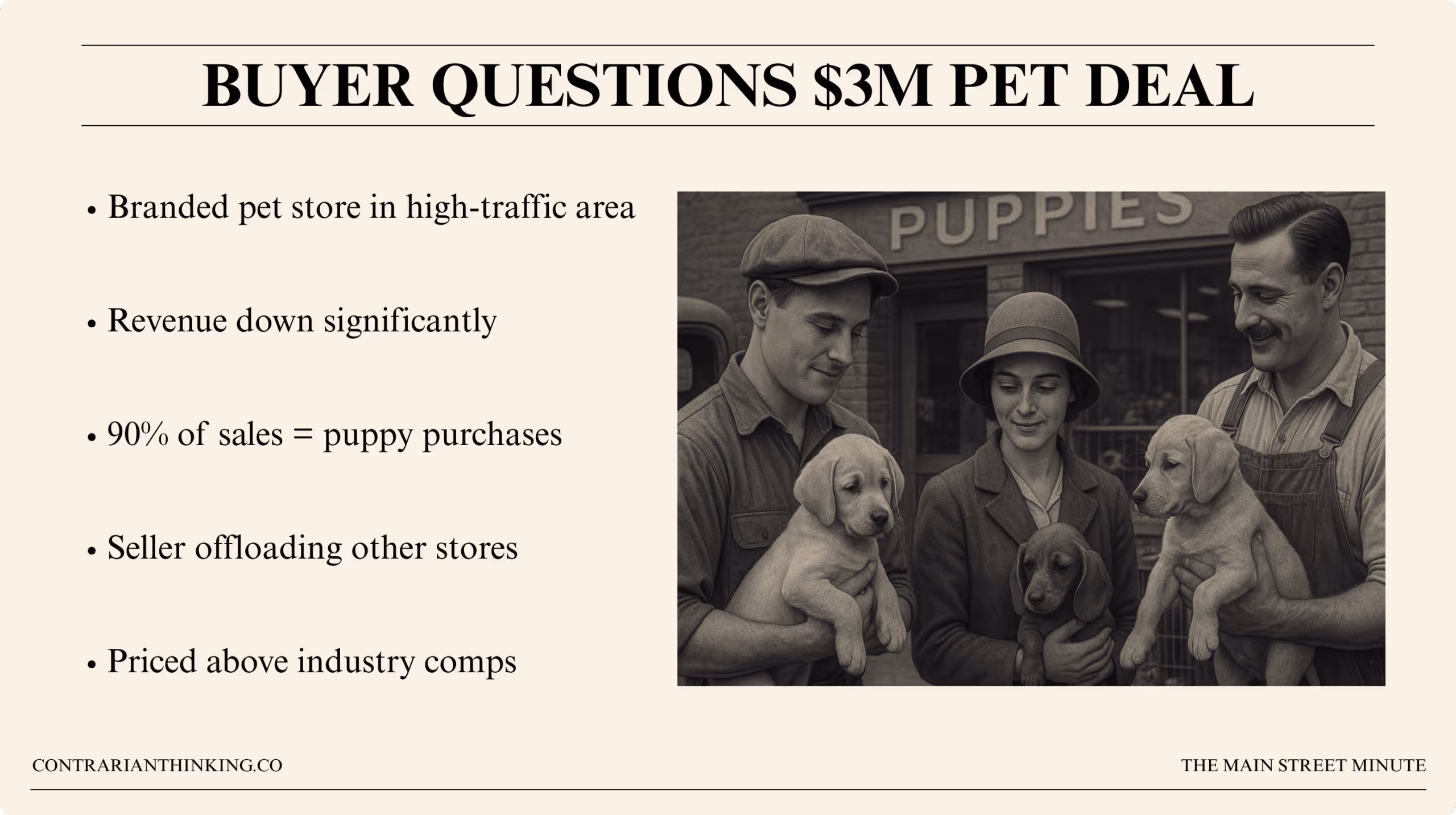 Slide listing concerns about a $3M pet store deal, including declining revenue, 90% of sales from puppy purchases, seller offloading other stores, and price being above industry comps. A vintage-style photo shows three people holding puppies in front of a store labeled "PUPPIES."