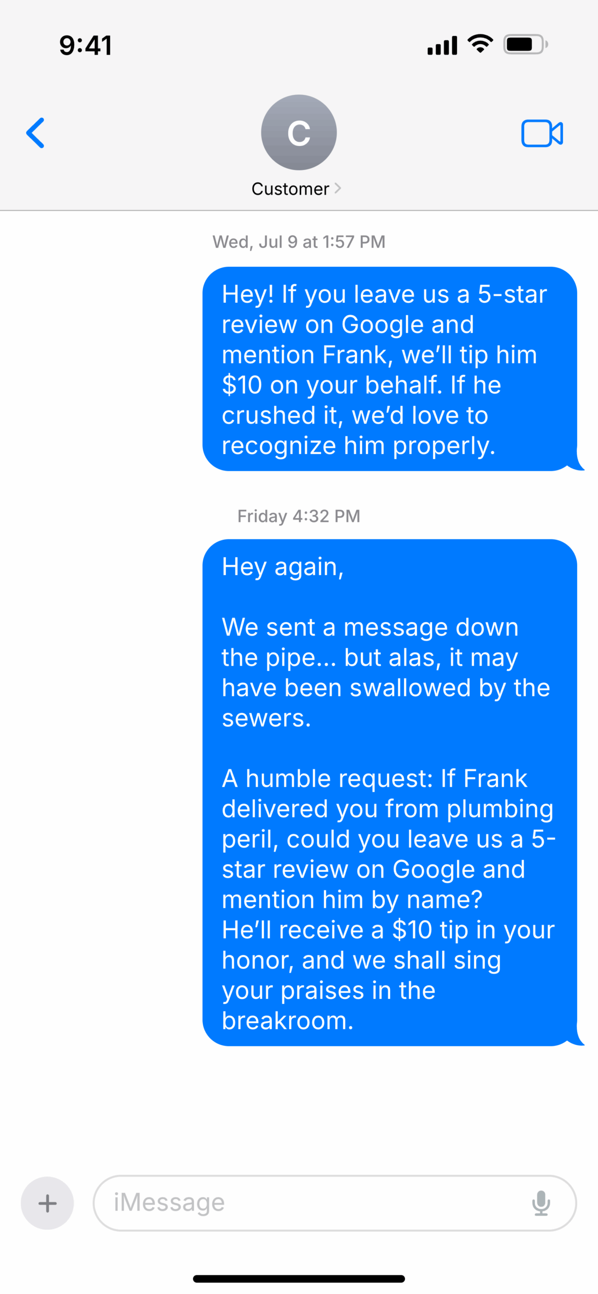 Follow-up text to a customer using humorous sewer-themed language, again requesting a 5-star review for Frank and offering a $10 tip.