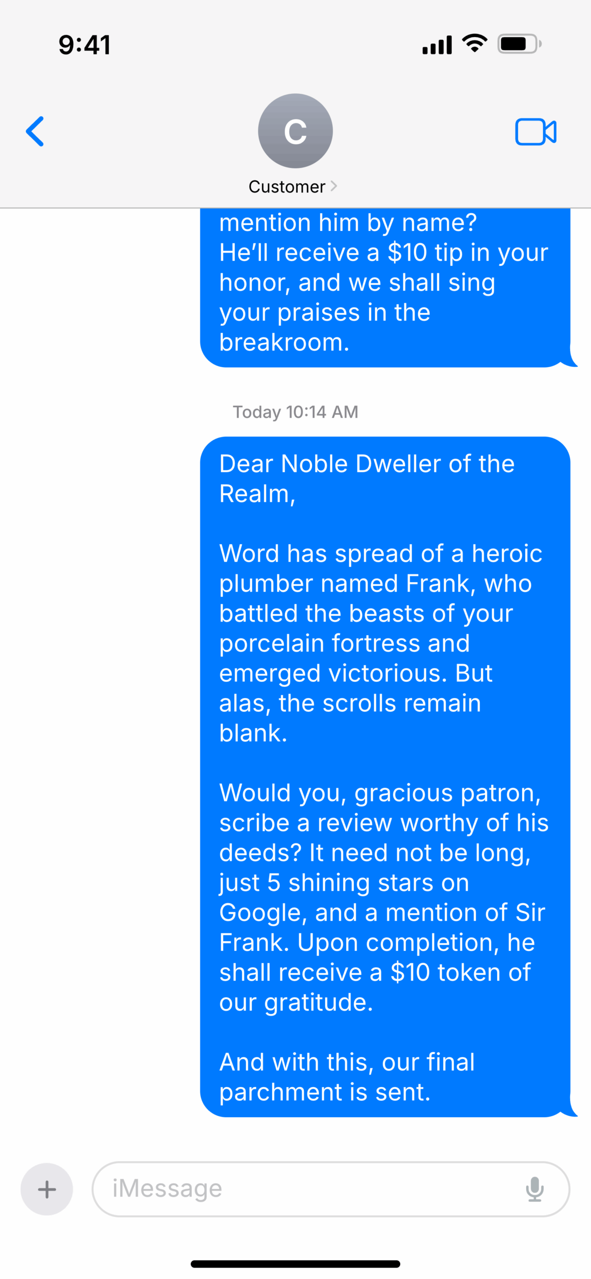 Playful text message to a customer written in medieval fantasy style, requesting a 5-star Google review for a plumber named Frank in exchange for a $10 tip.