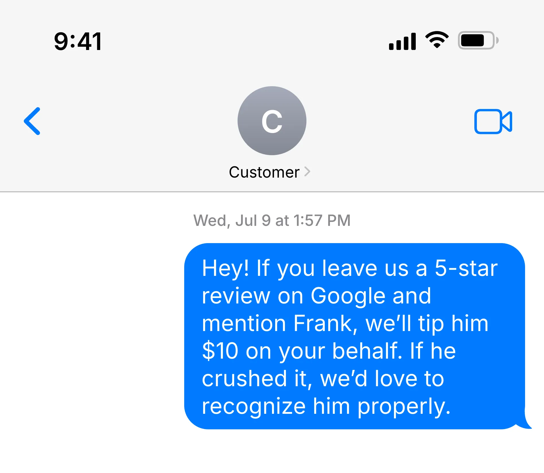 Text message to a customer asking for a 5-star Google review mentioning Frank, with the promise of tipping Frank $10 as a thank-you.