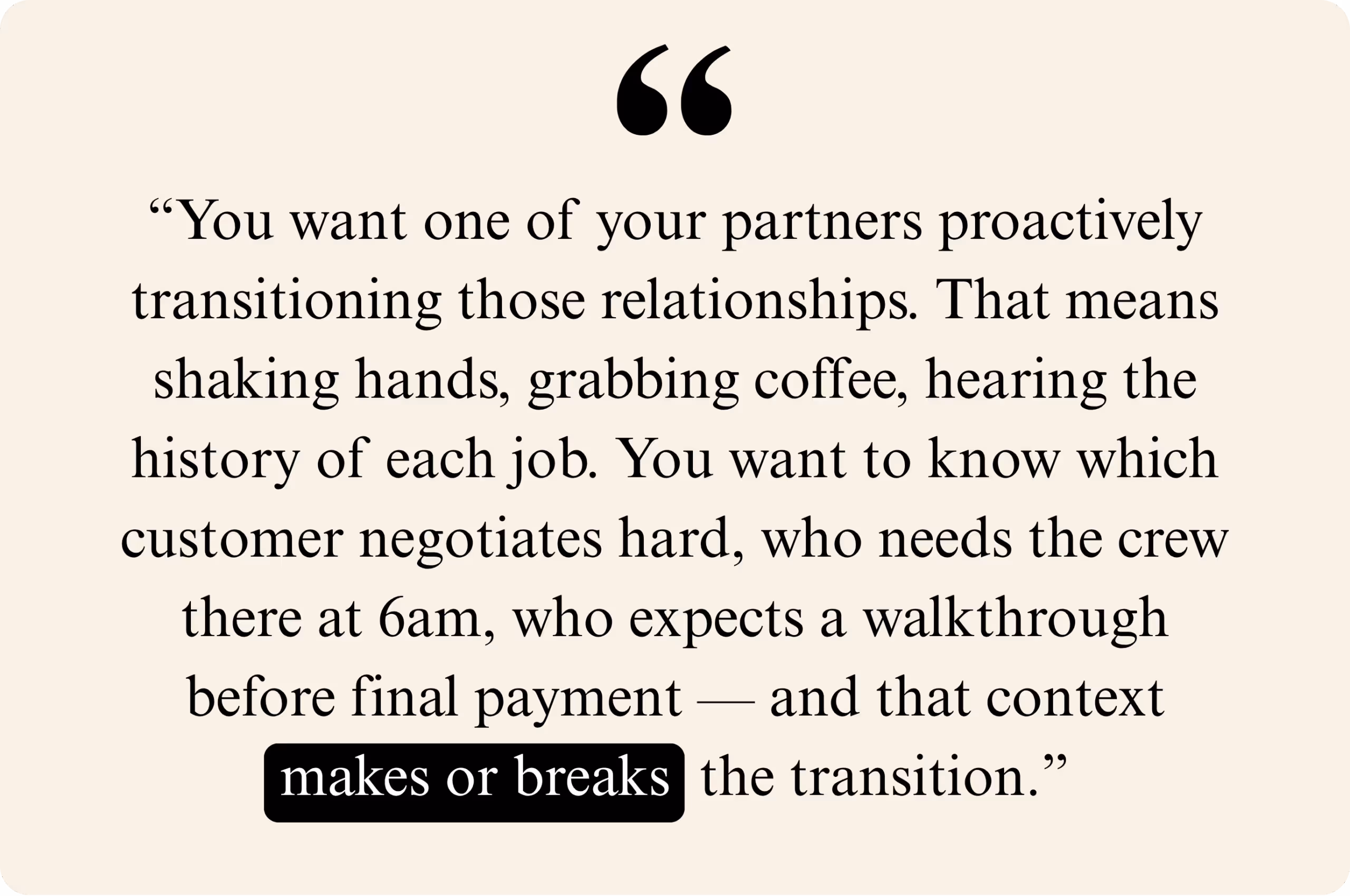 Quote about the importance of transitioning customer relationships in a business sale.