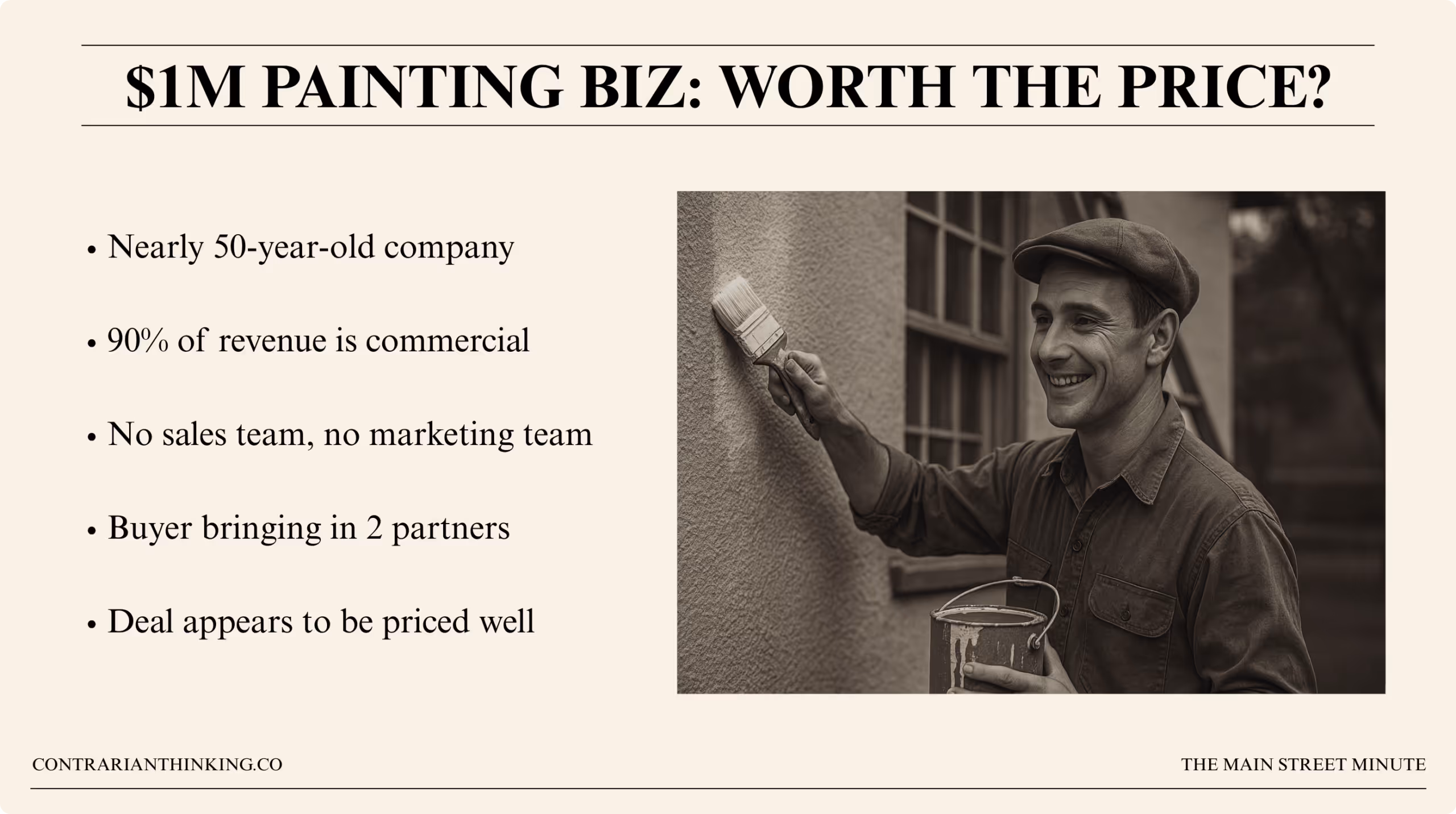 Snapshot of a $1M painting business showing key details like age, revenue type, and buyer strategy.