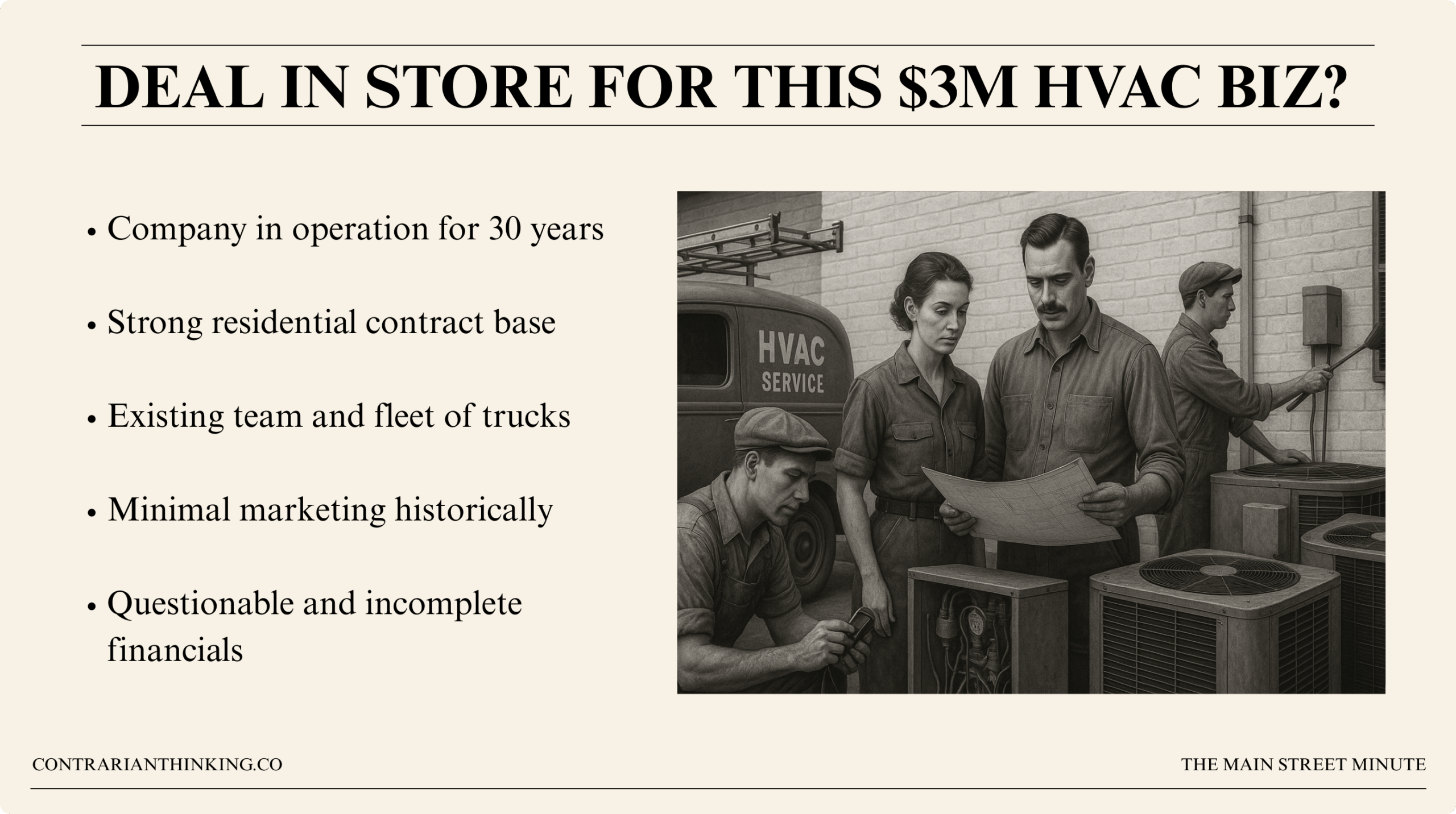 Slide listing details of a $3M HVAC business, including long operation history, strong contracts, minimal marketing, and financial concerns, with an image of the HVAC team.