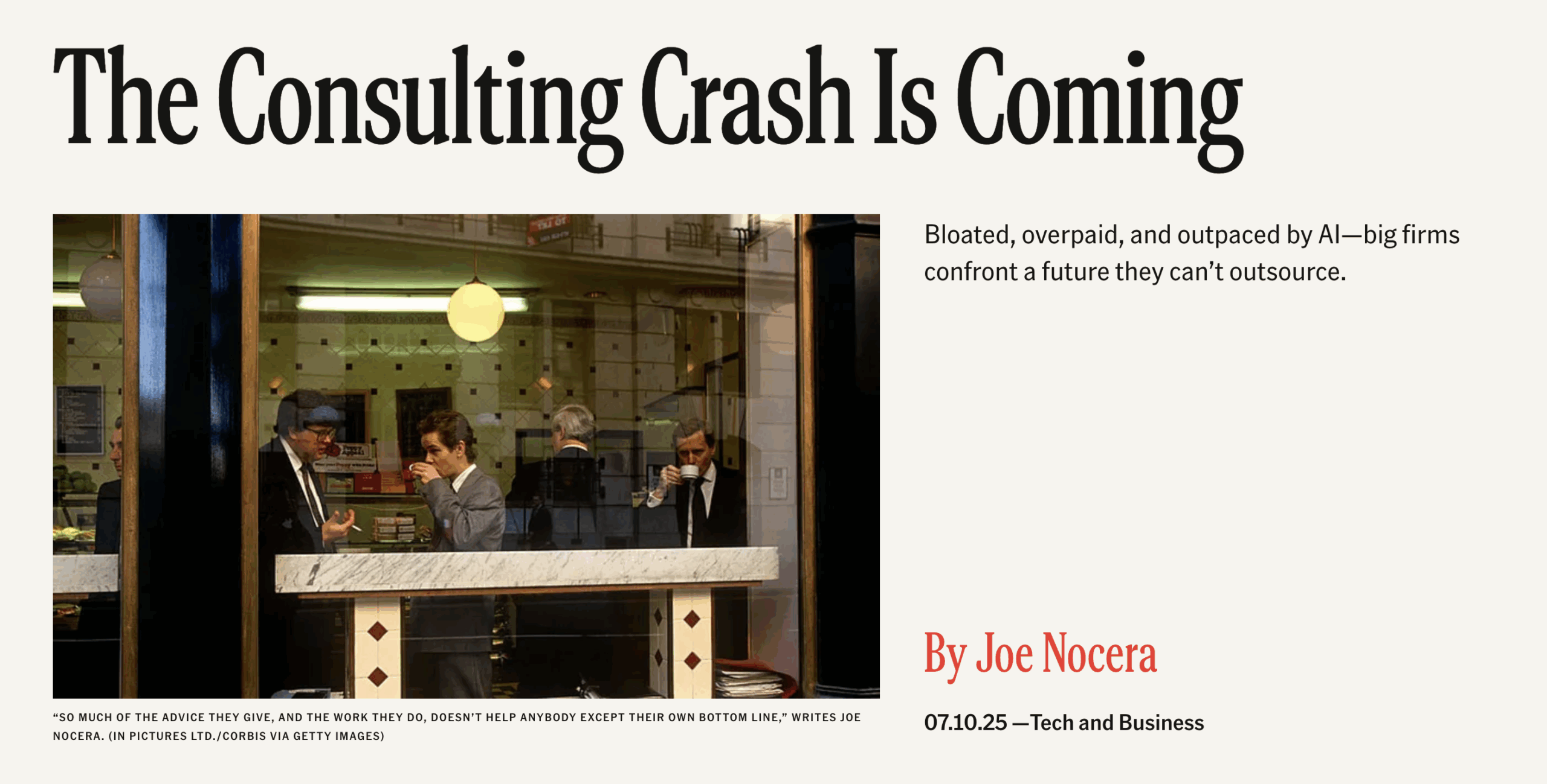 Screenshot of an article titled “The Consulting Crash Is Coming,” featuring suited professionals inside a café, suggesting outdated practices in consulting.