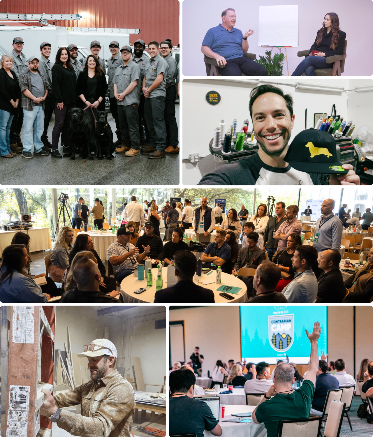 Collage of diverse people engaged in business and community events, including workshops, networking, and hands-on work.