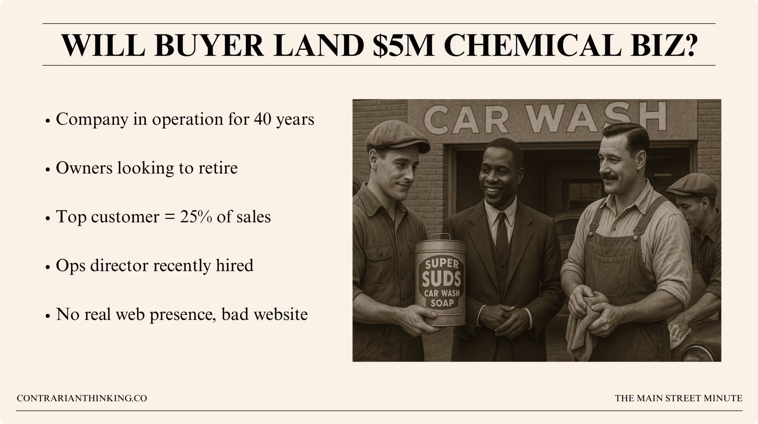 Infographic showing details of a 40-year-old chemical business for sale, with image of vintage car wash workers holding soap. Highlights include retiring owners, high customer concentration, and weak web presence.