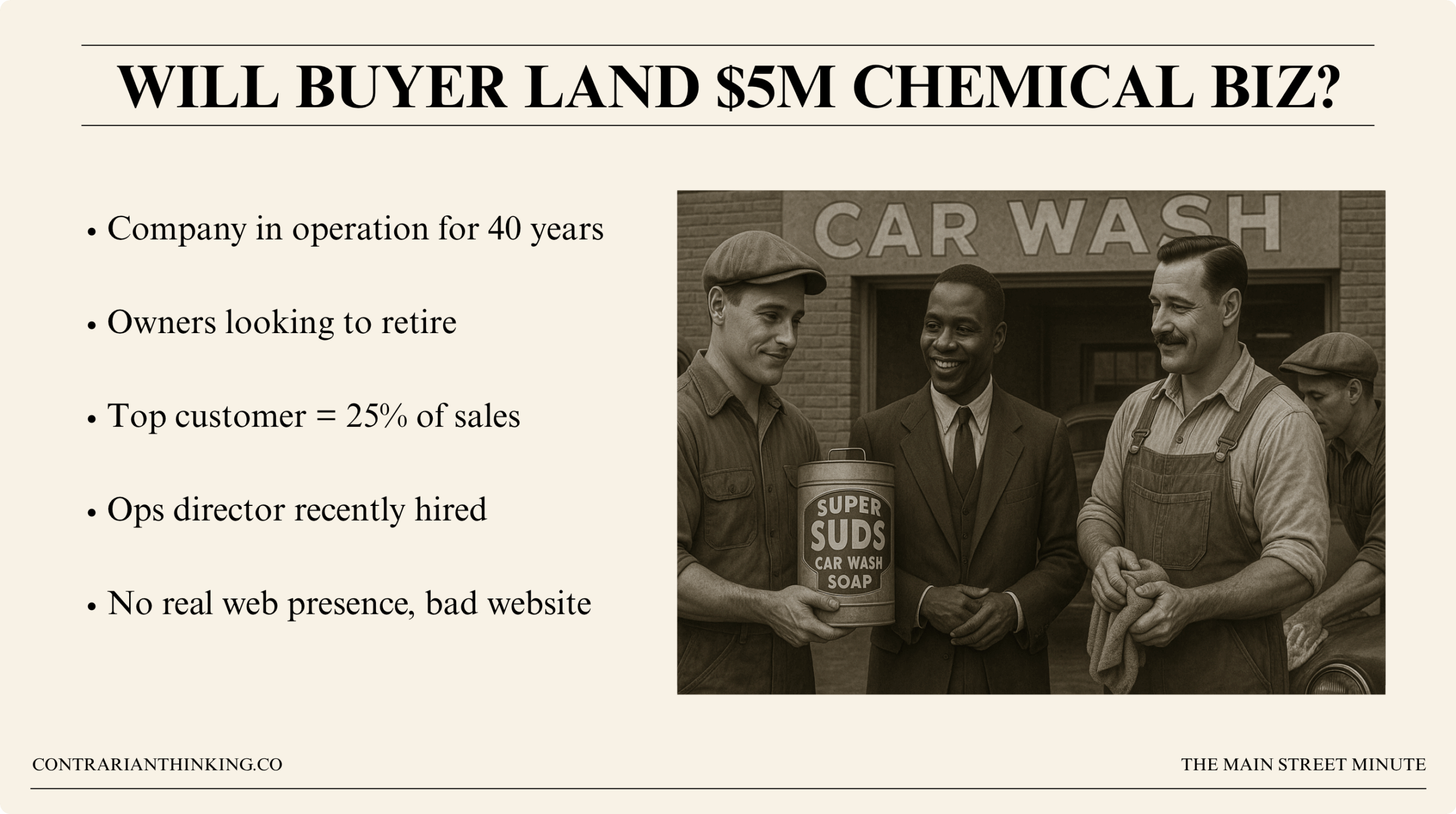 Infographic showing details of a 40-year-old chemical business for sale, with image of vintage car wash workers holding soap. Highlights include retiring owners, high customer concentration, and weak web presence.