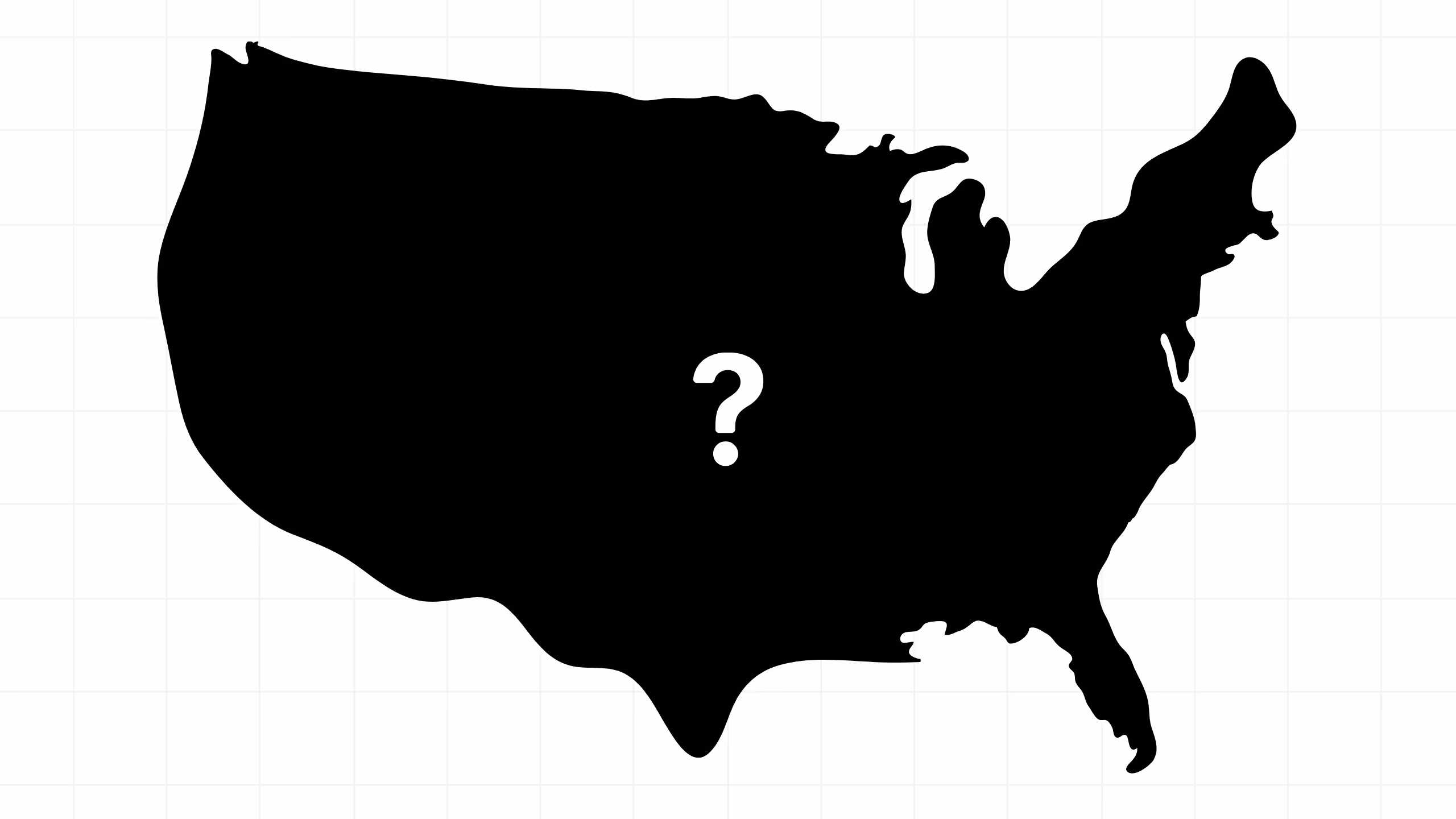 Black silhouette of the United States map with a large white question mark in the center.