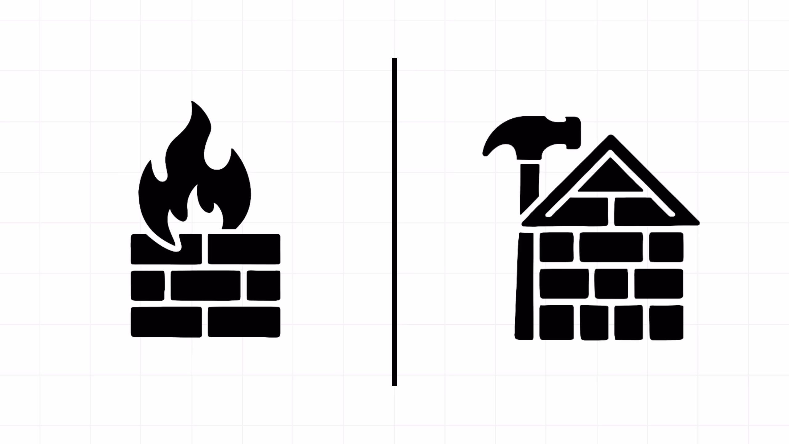 Two black icons side by side. On the left, a burning brick wall symbolizing destruction. On the right, a hammer striking a house roof symbolizing building or construction.