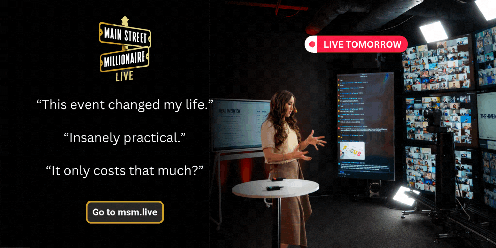 Promotional graphic for Main Street Millionaire Live. Features Codie Sanchez speaking in front of a screen and virtual audience. Text highlights quotes: “This event changed my life,” “Insanely practical,” and “It only costs that much?” Banner reads “Live Tomorrow” with a button linking to msm.live.