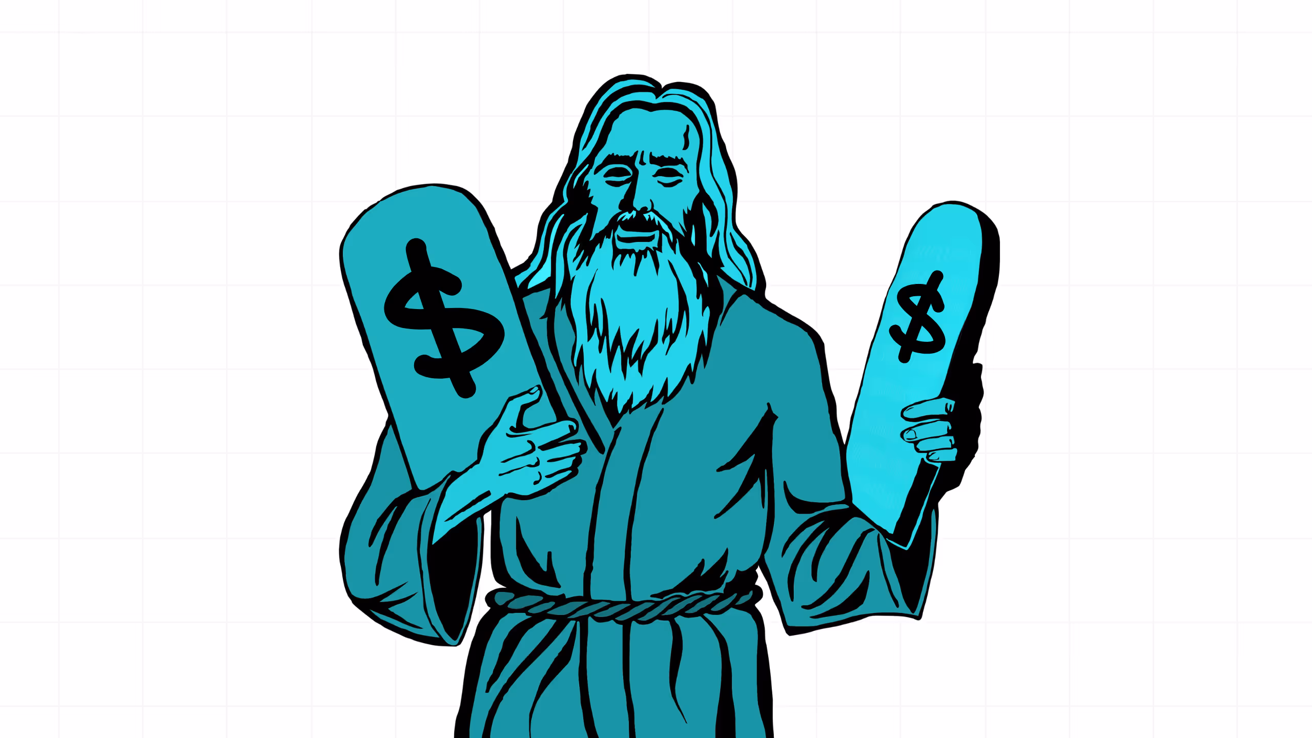 Illustration of a bearded man resembling a prophet holding two stone tablets with dollar signs, symbolizing the commandments of money or business.