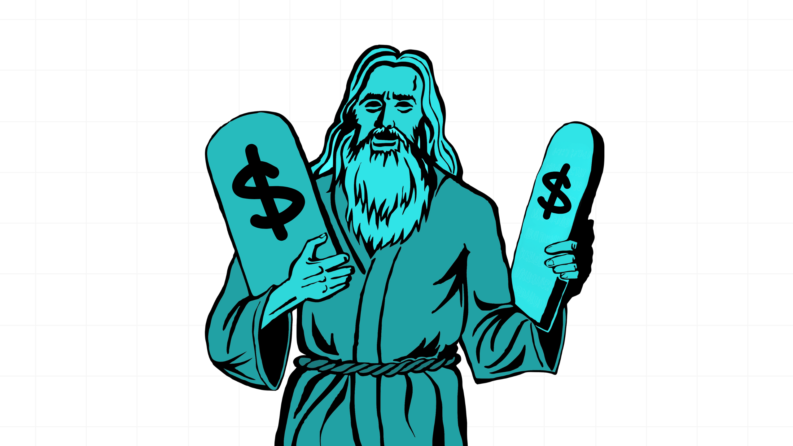 Illustration of a bearded man resembling a prophet holding two stone tablets with dollar signs, symbolizing the commandments of money or business.