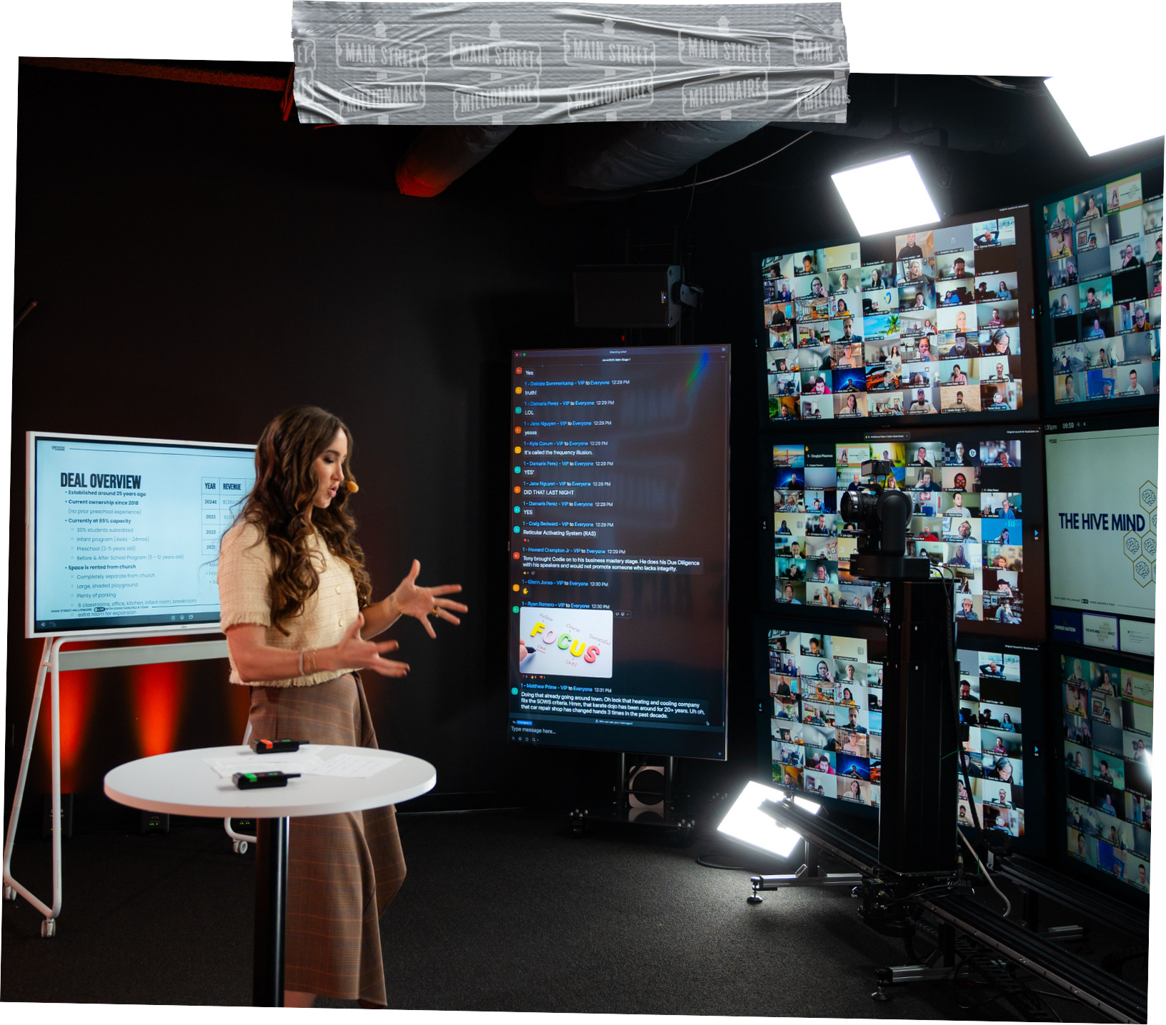 Codie Sanchez presenting during Main Street Millionaire Live virtual event with multiple screens of attendees.