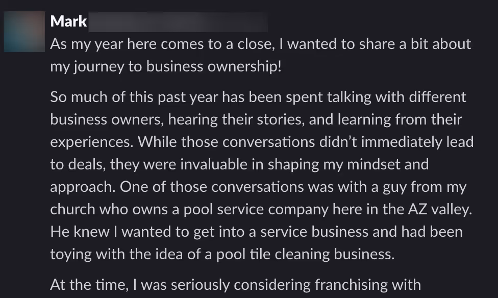 Screenshot of a message where Mark shares his experiences in business ownership.