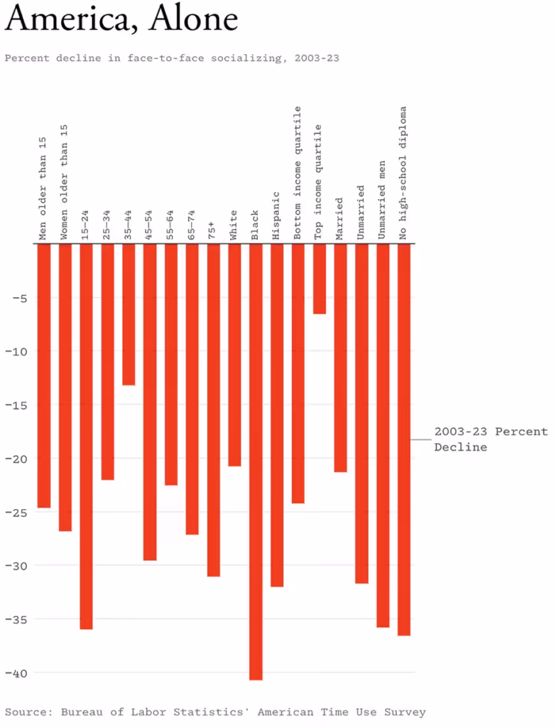 Bar chart titled 'America, Alone,' showing the percentage decline in face-to-face socializing from 2003 to 2023 across different demographics, including age groups, income levels, and marital status.