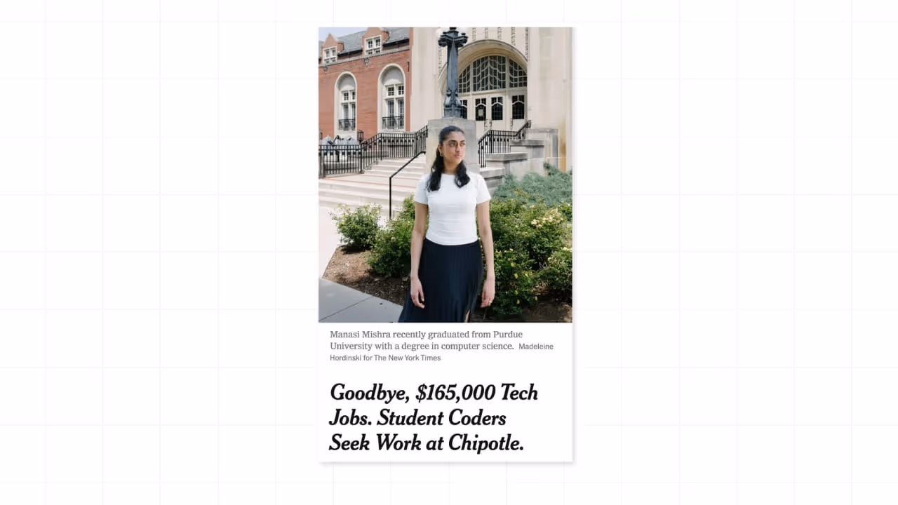 Screenshot of a New York Times article featuring a recent Purdue computer science graduate standing outside a campus building, with the headline about student coders seeking work at Chipotle.