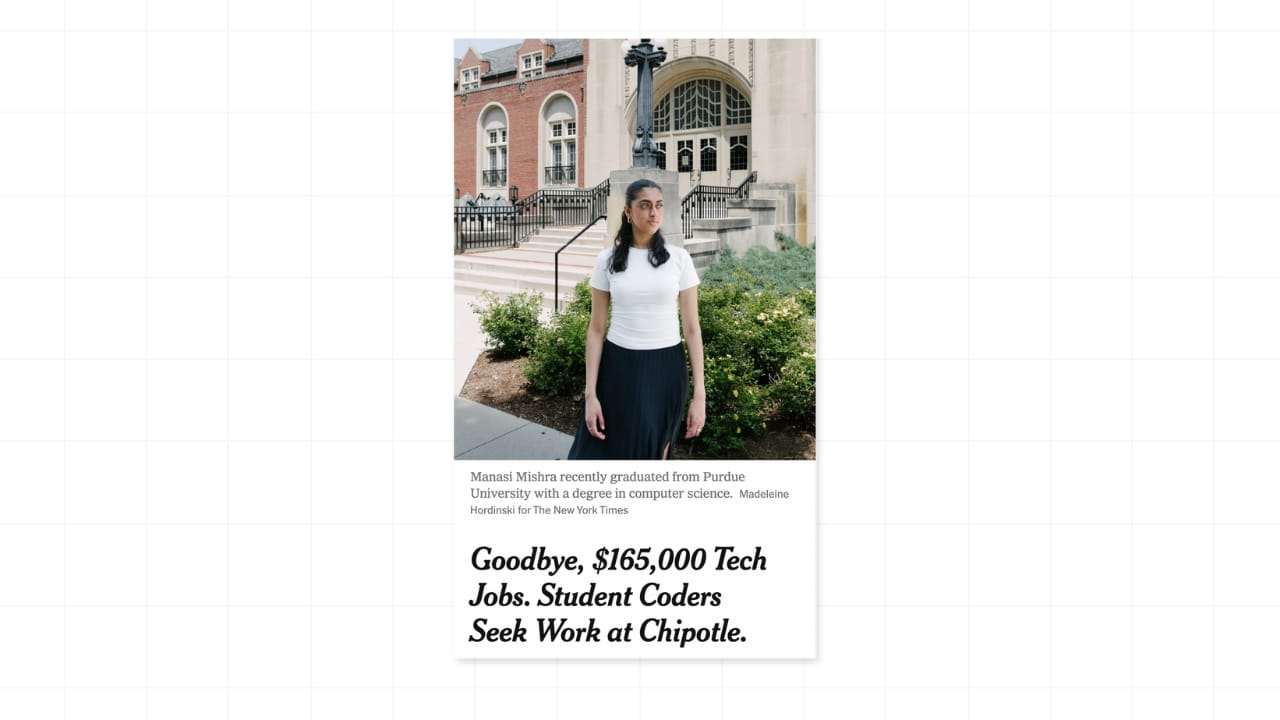 Screenshot of a New York Times article featuring a recent Purdue computer science graduate standing outside a campus building, with the headline about student coders seeking work at Chipotle.