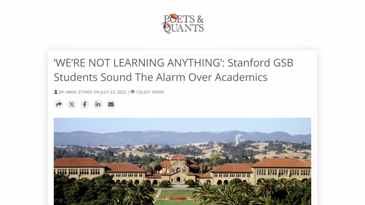 Screenshot of a Poets & Quants article titled WE’RE NOT LEARNING ANYTHING: Stanford GSB Students Sound The Alarm Over Academics, showing an image of Stanford University’s campus with palm trees, lawns, and the main quad.