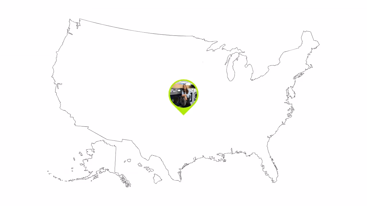 Outline map of the United States with a single neon-green location pin in the center containing a small photo of Codie Sanchez.