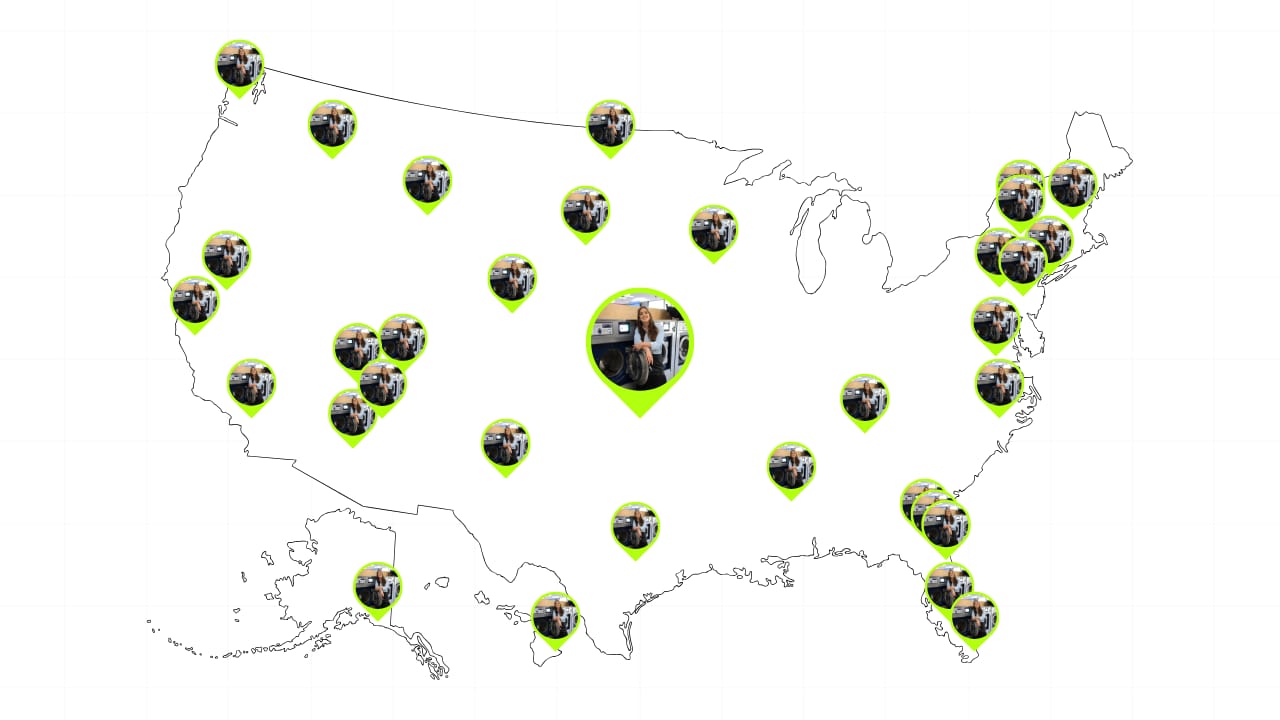 Outline map of the United States covered with multiple neon-green location pins, each containing a small photo of Codie Sanchez.