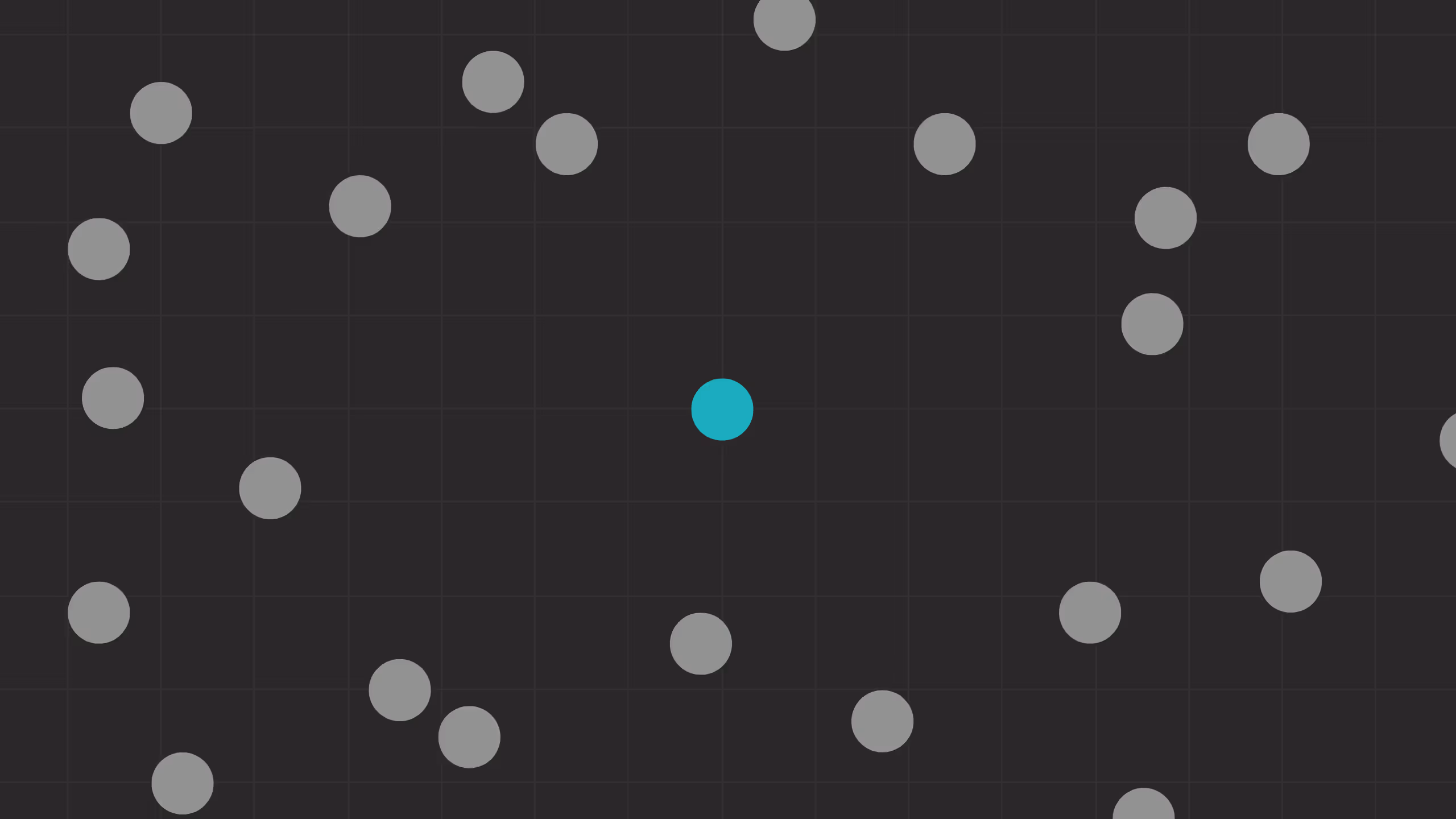 A turquoise circle sits at the center of a dark, grid-patterned background, surrounded by multiple evenly spaced gray circles forming a loose outer ring.