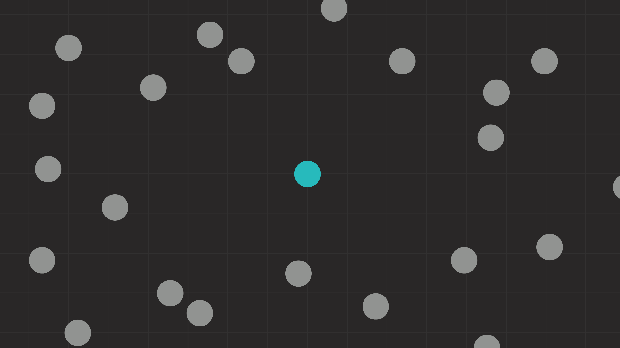 A turquoise circle sits at the center of a dark, grid-patterned background, surrounded by multiple evenly spaced gray circles forming a loose outer ring.