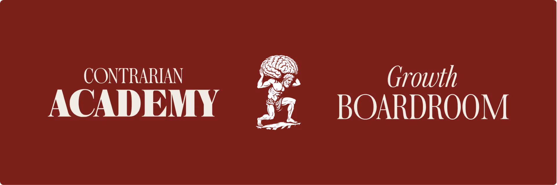 Banner featuring the Contrarian Academy and Growth Boardroom logos on a dark red background, with the brain-and-atlas icon displayed between the two program names.
