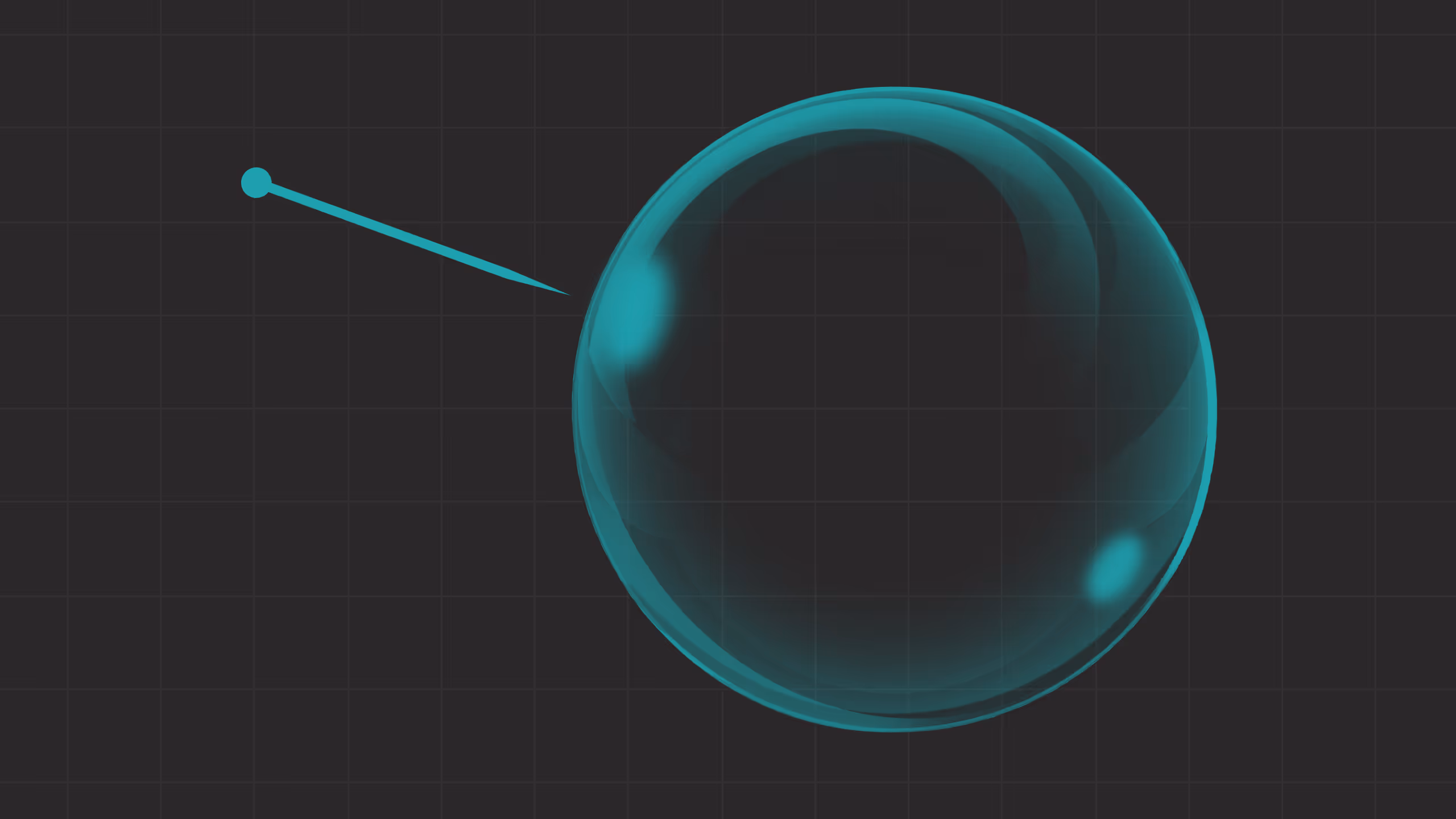 A glowing turquoise sphere on a dark grid background, with a small turquoise dot connected to the sphere by a diagonal line. The sphere has a glossy, translucent look with light reflections, giving it a futuristic, digital style.