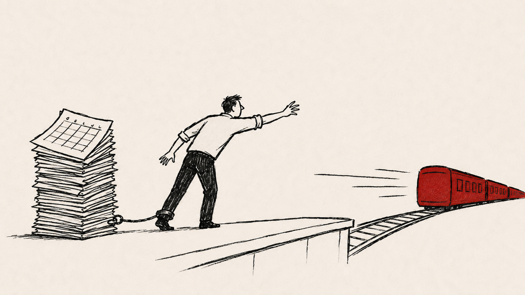 Illustration of a person reaching toward a departing red train while chained by the ankle to a large stack of calendar pages.