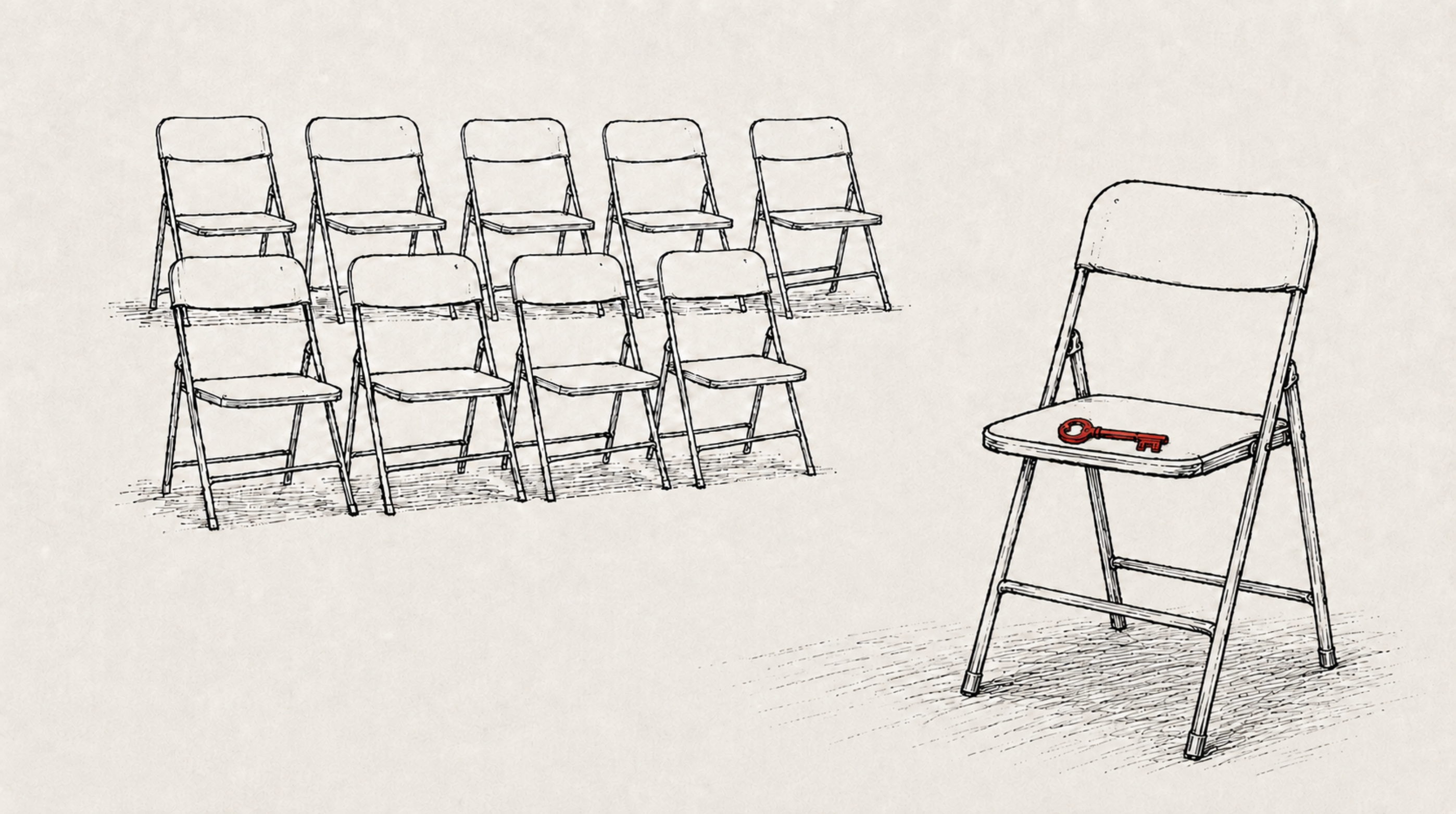 Illustration of rows of empty chairs with one chair holding a key.