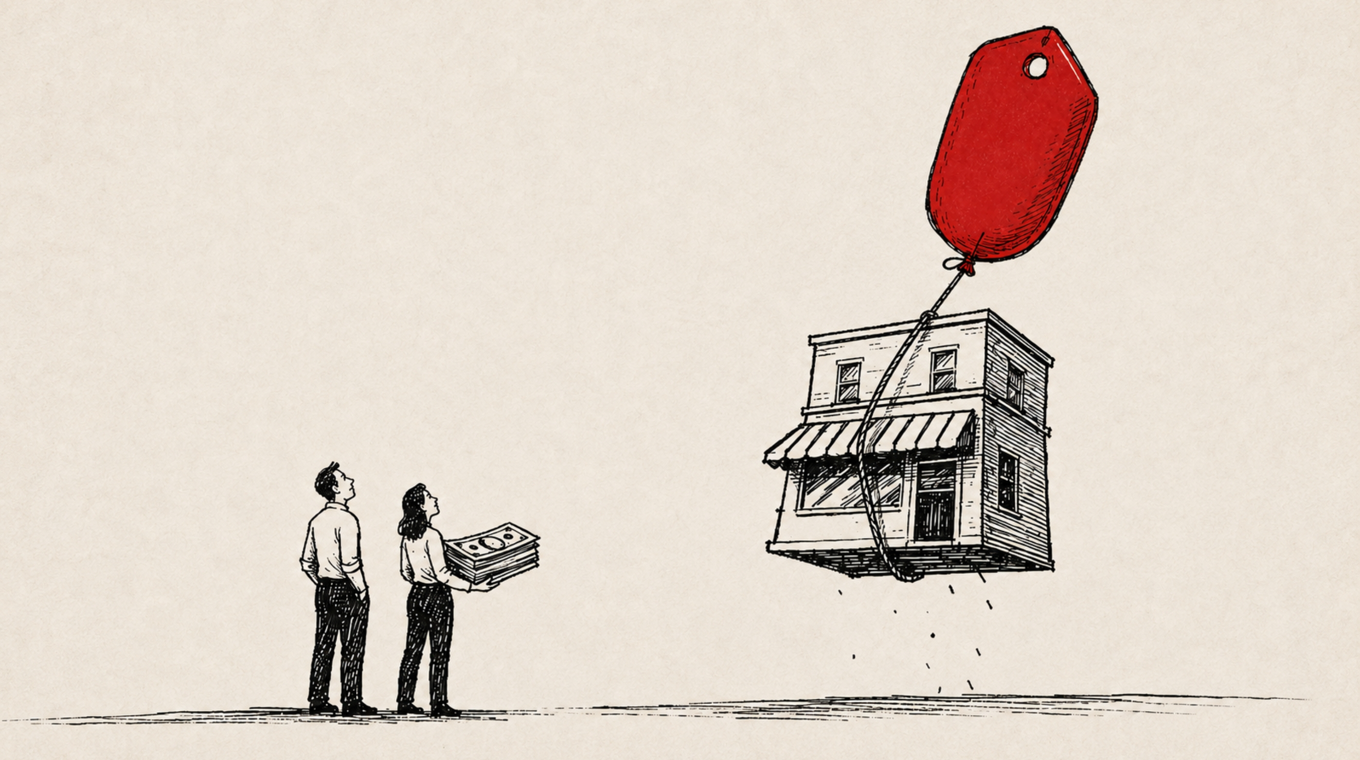 Illustration of two people watching a building lifted by a large price tag balloon.