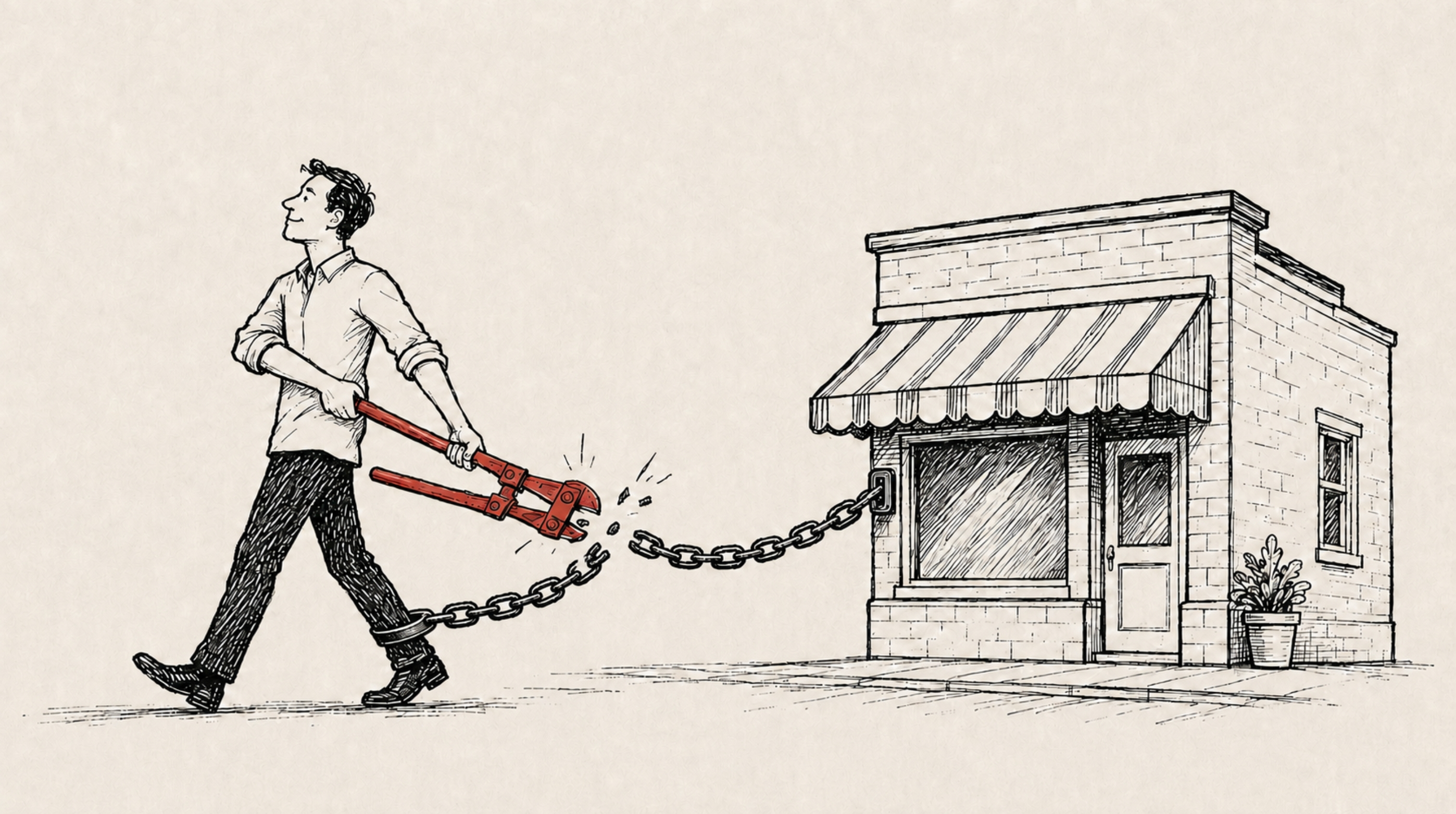 Illustration of a person cutting a chain connecting them to a storefront.