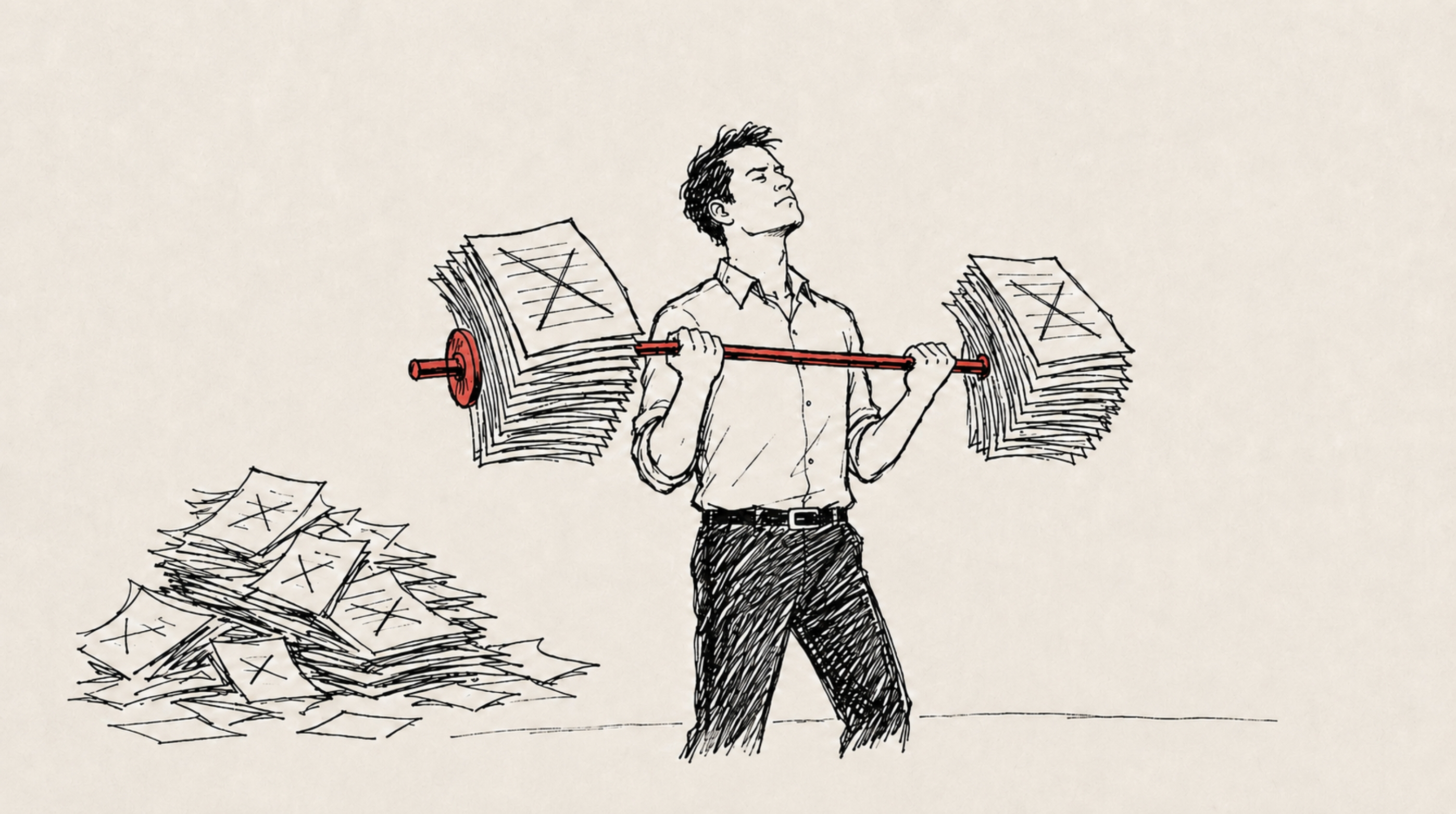 Illustration of a person lifting a barbell made of stacks of paperwork.