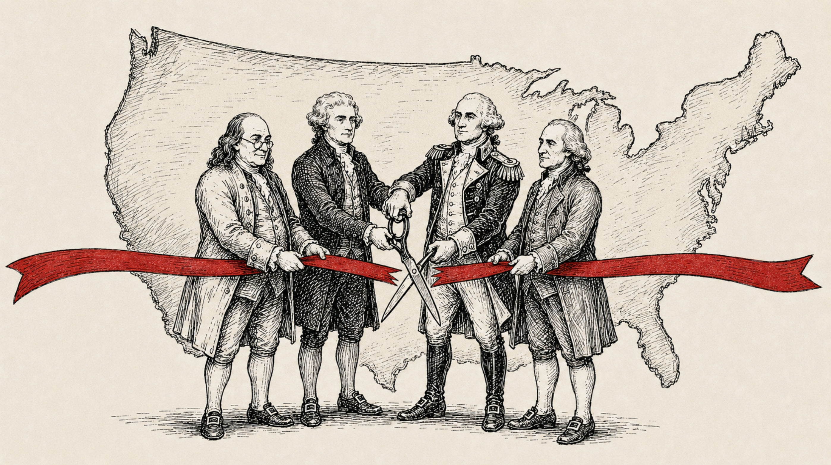 Illustration of the Founding Fathers cutting a ribbon in front of a map of the United States.