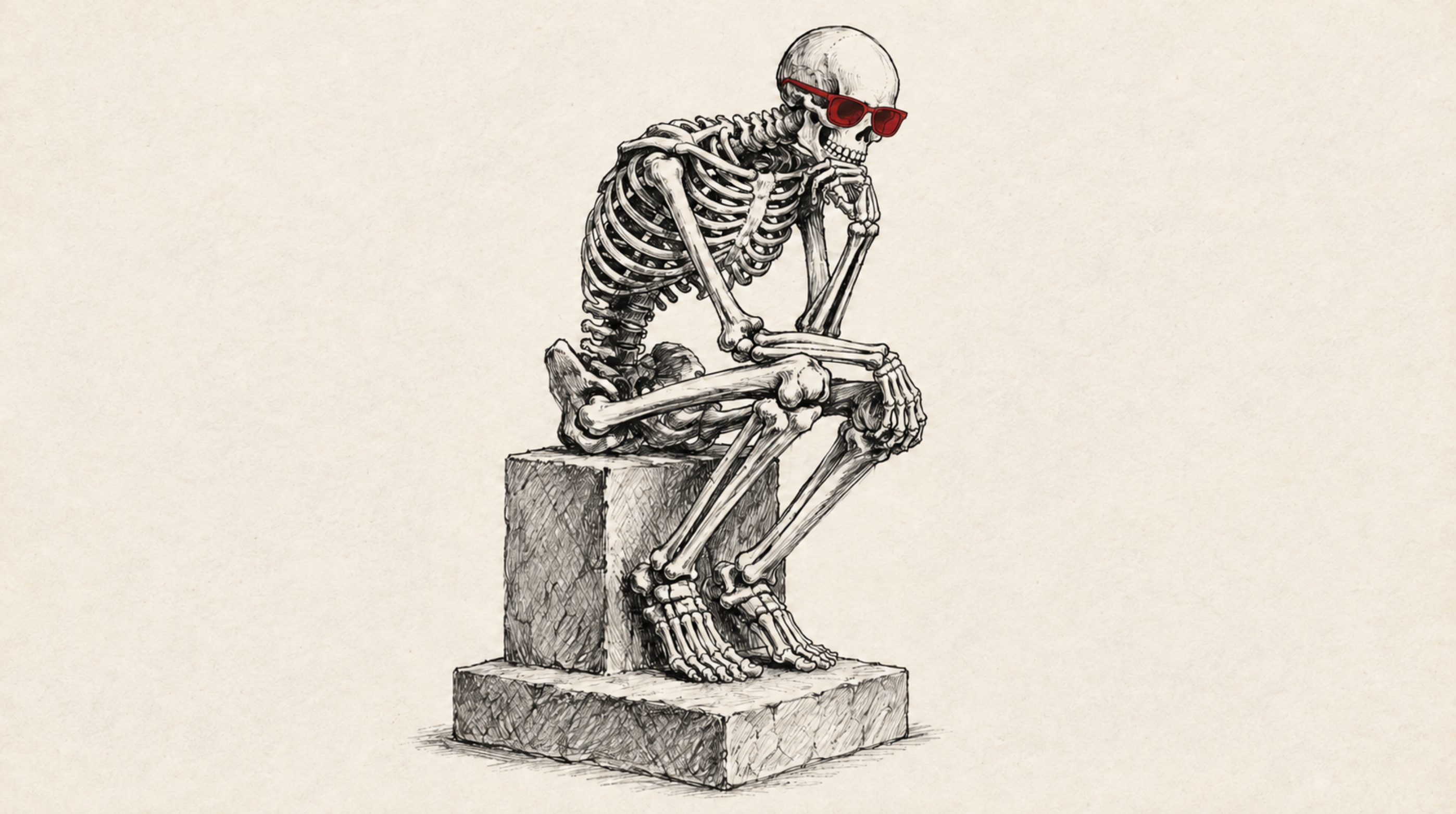 Illustration of a skeleton wearing sunglasses sitting in a thoughtful pose.