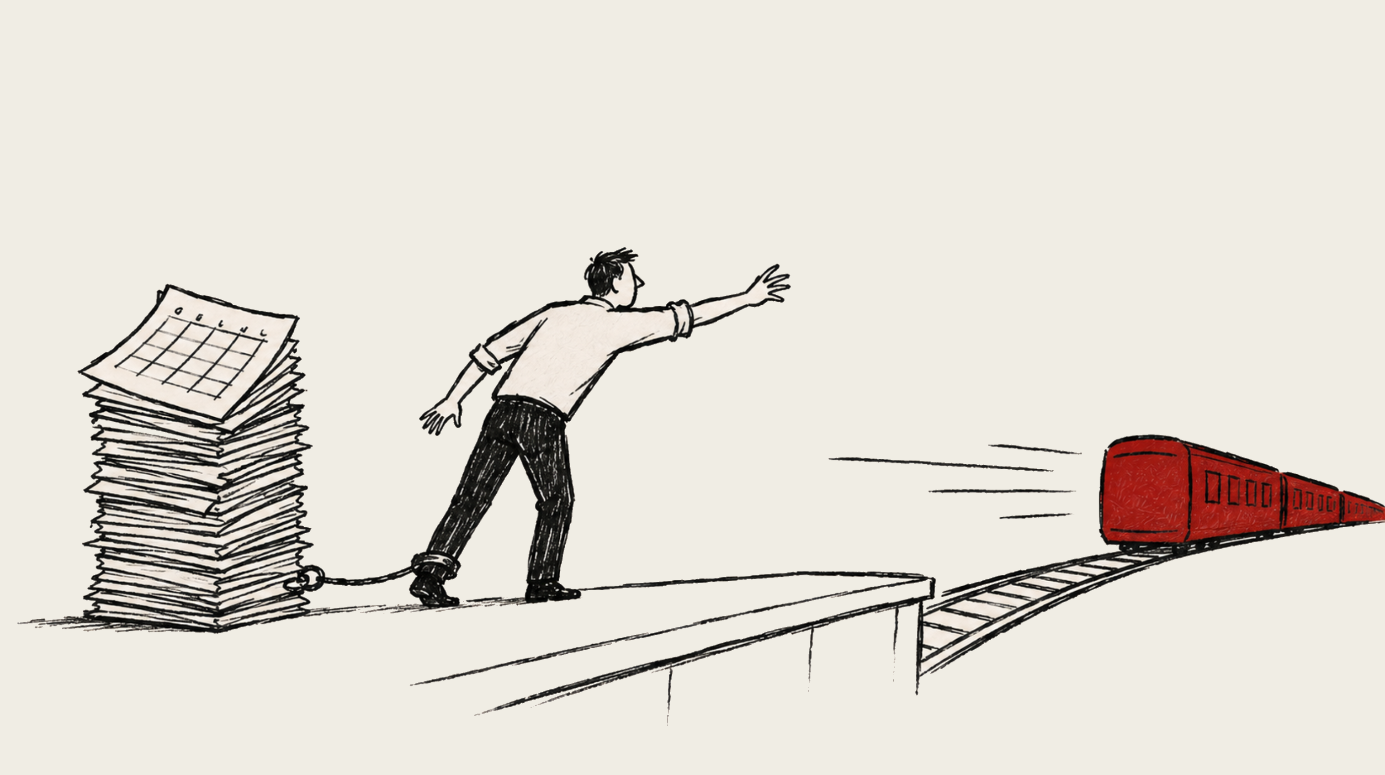 Illustration of a person reaching toward a departing red train while chained by the ankle to a large stack of calendar pages.