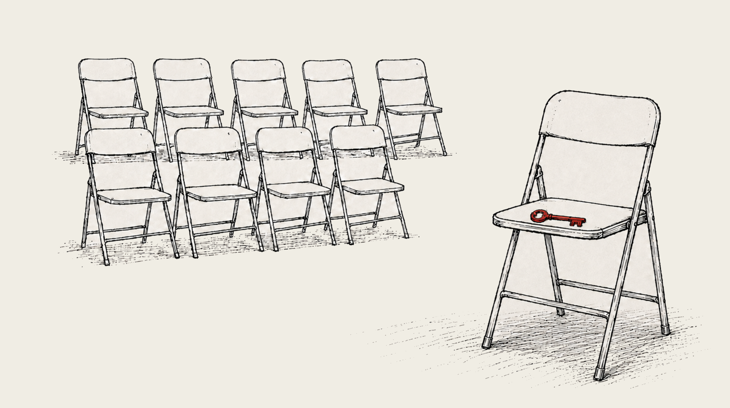 Illustration of rows of empty chairs with one chair holding a key.