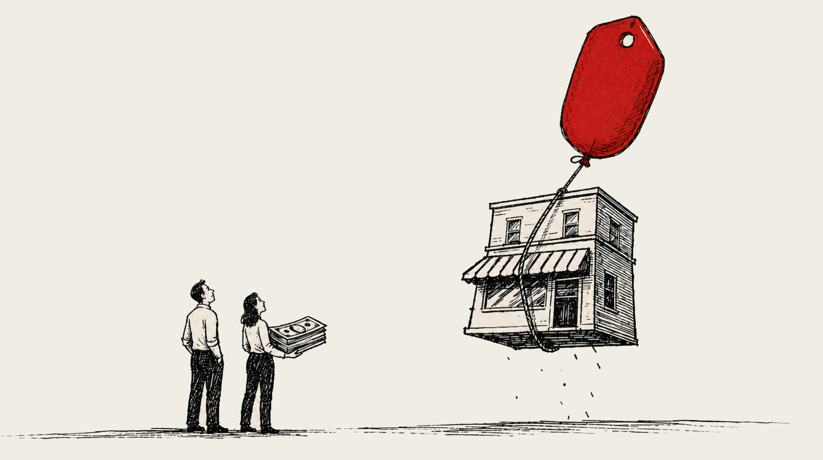 Illustration of two people watching a building lifted by a large price tag balloon.