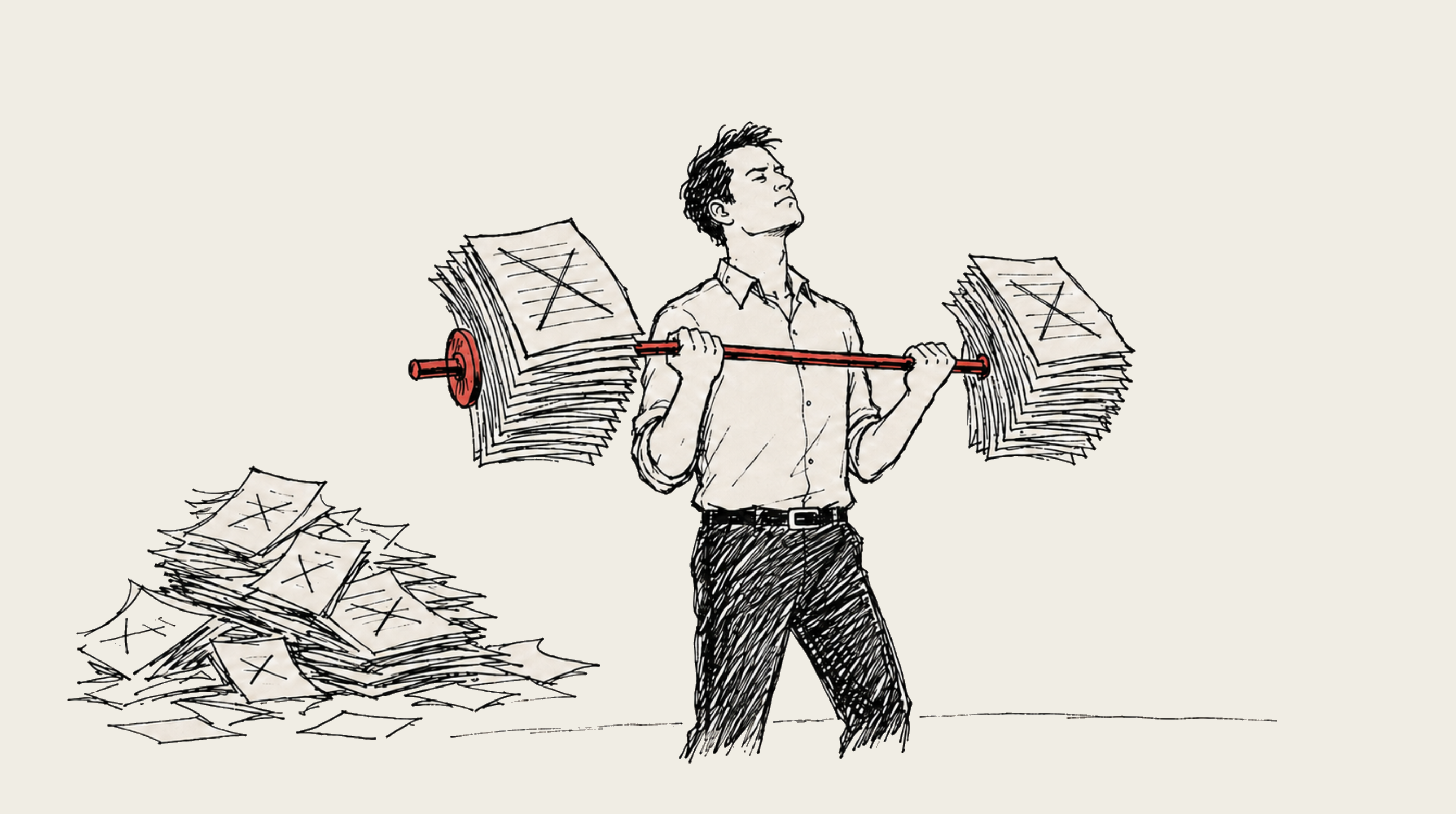 Illustration of a person lifting a barbell made of stacks of paperwork.