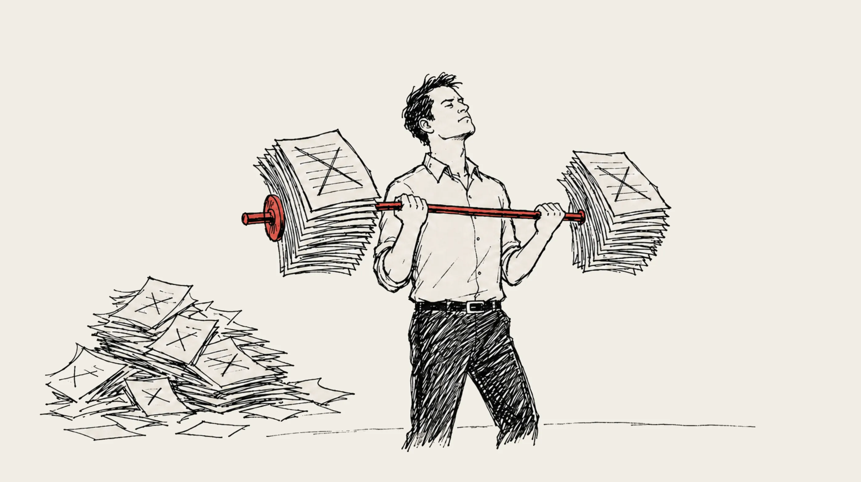 Illustration of a person lifting a barbell made of stacks of paperwork.