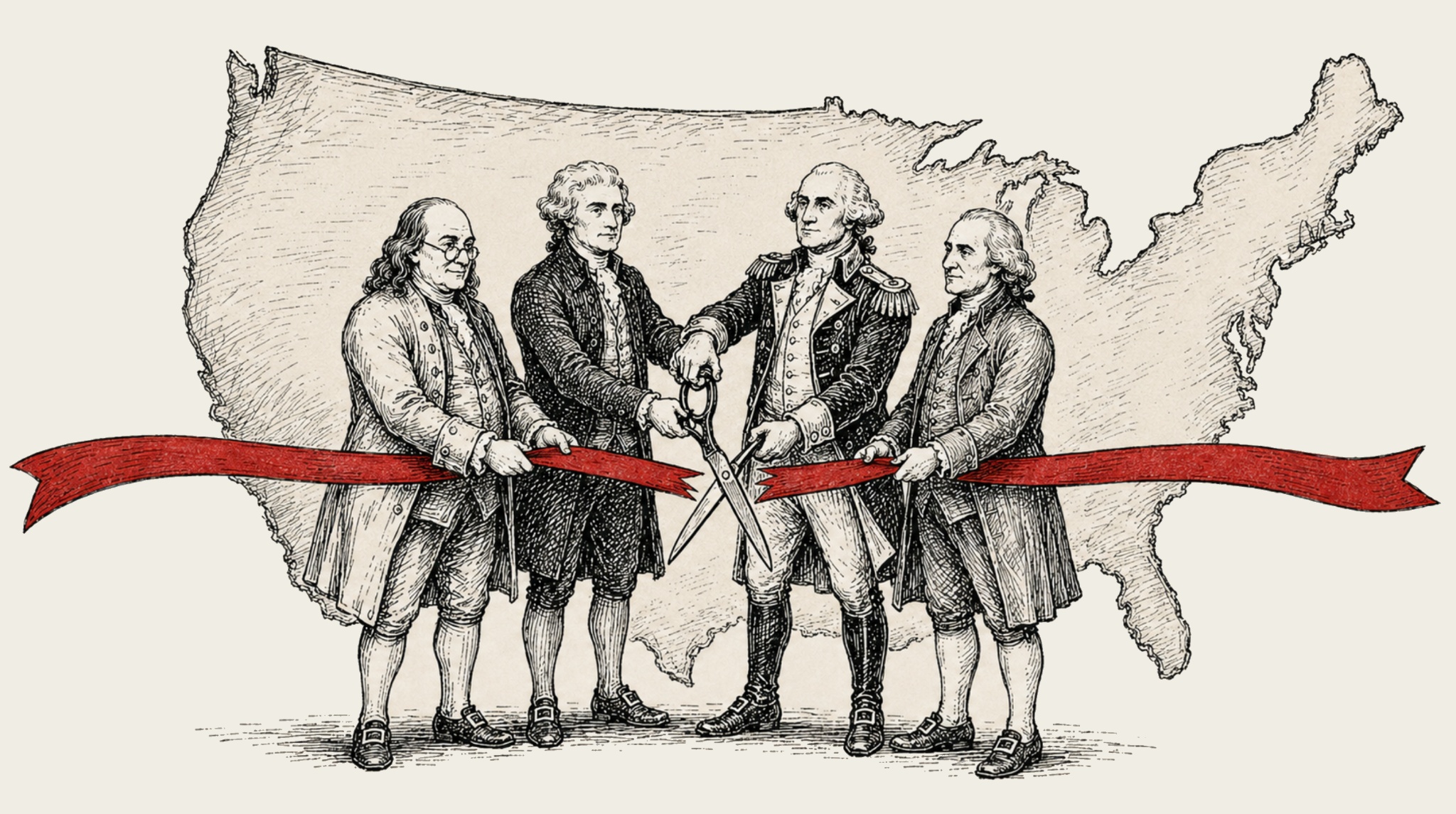 Illustration of the Founding Fathers cutting a ribbon in front of a map of the United States.