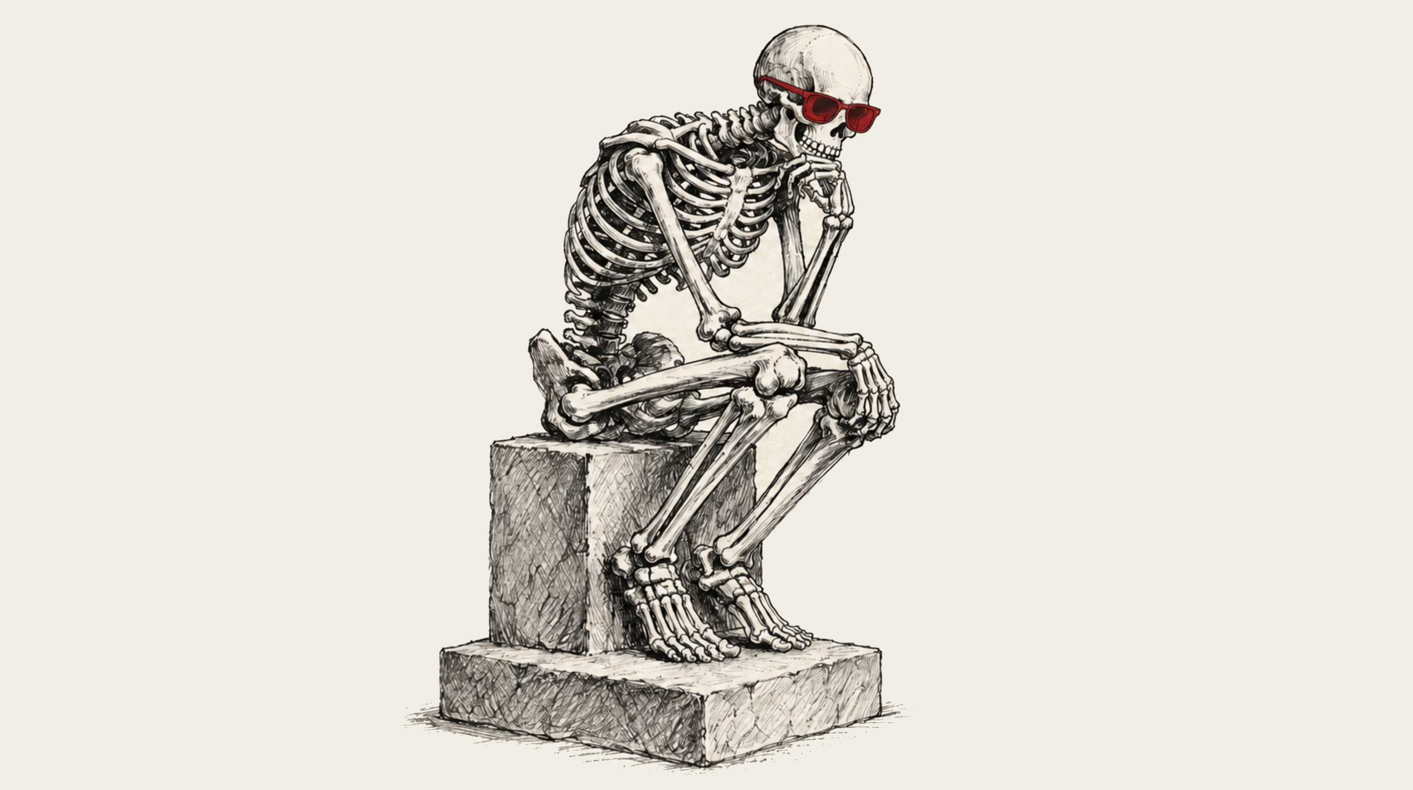 Illustration of a skeleton wearing sunglasses sitting in a thoughtful pose.