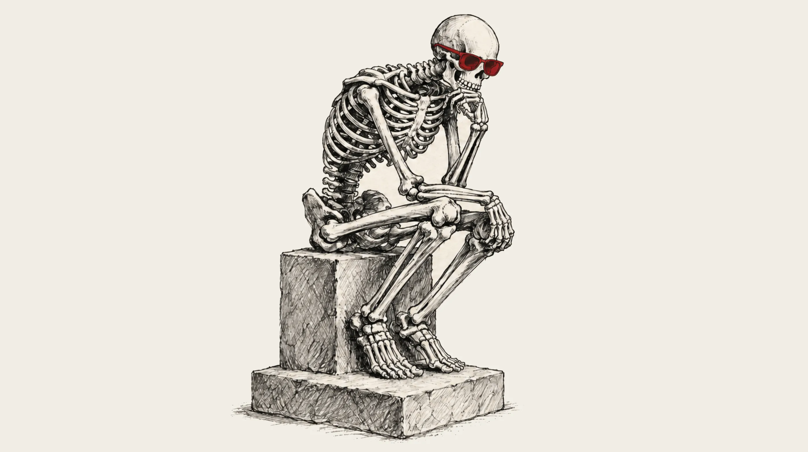 Illustration of a skeleton wearing sunglasses sitting in a thoughtful pose.