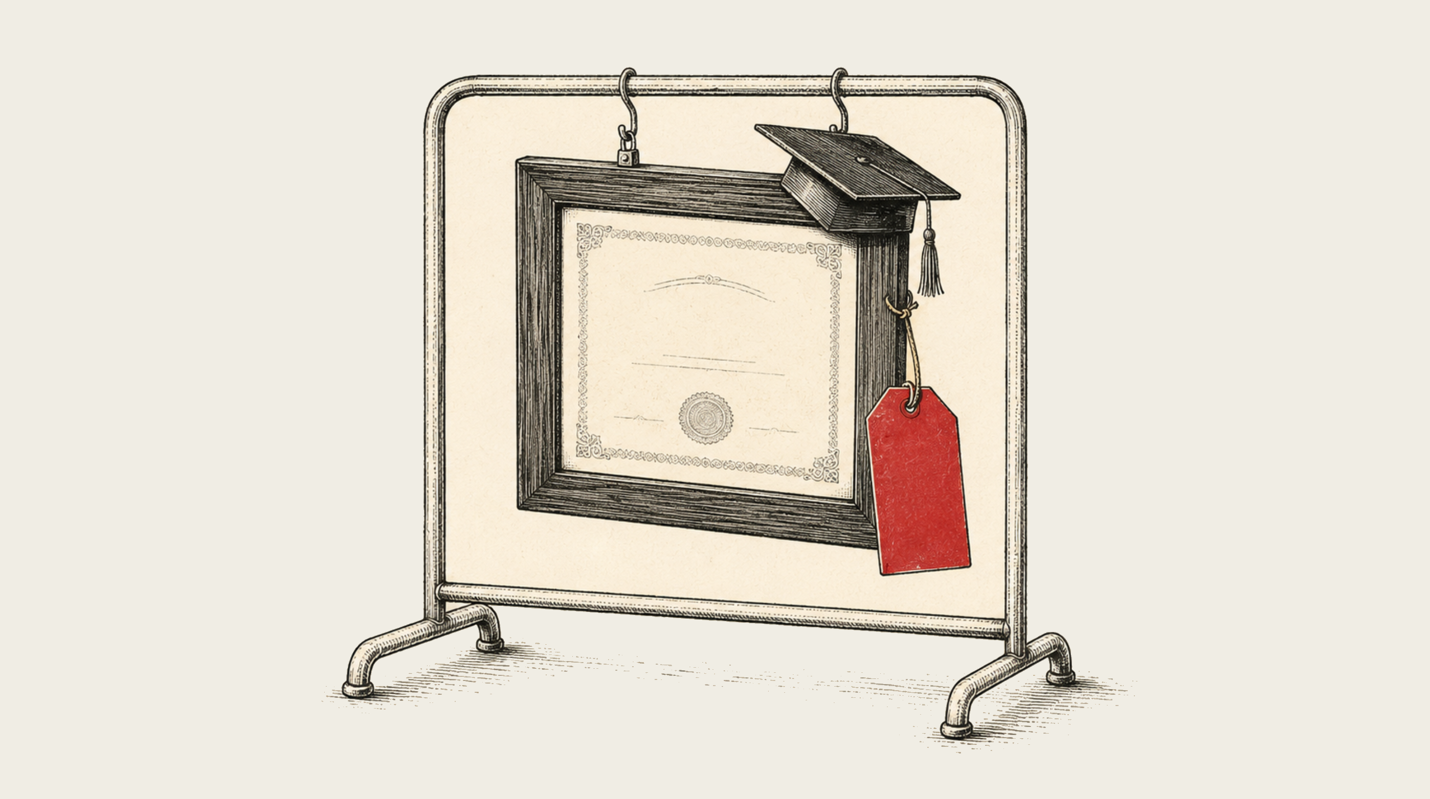 Illustration of a framed diploma with a graduation cap and a red price tag.