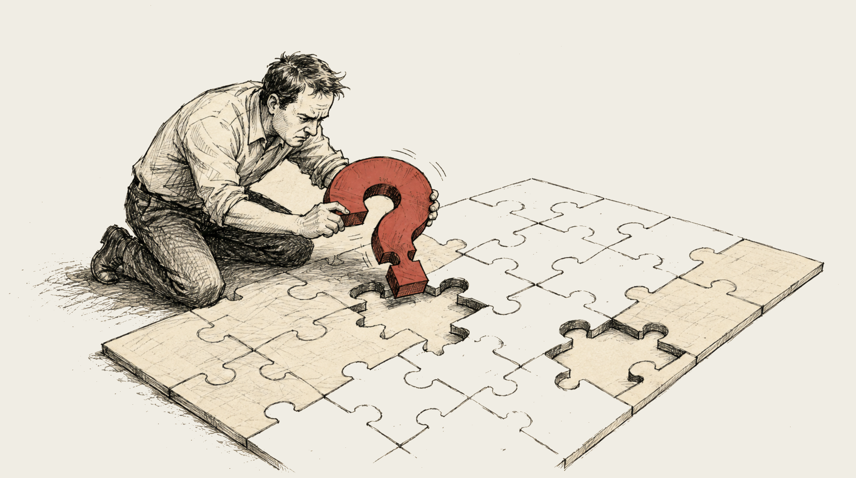 Illustration of a person placing a question mark into a missing puzzle piece.