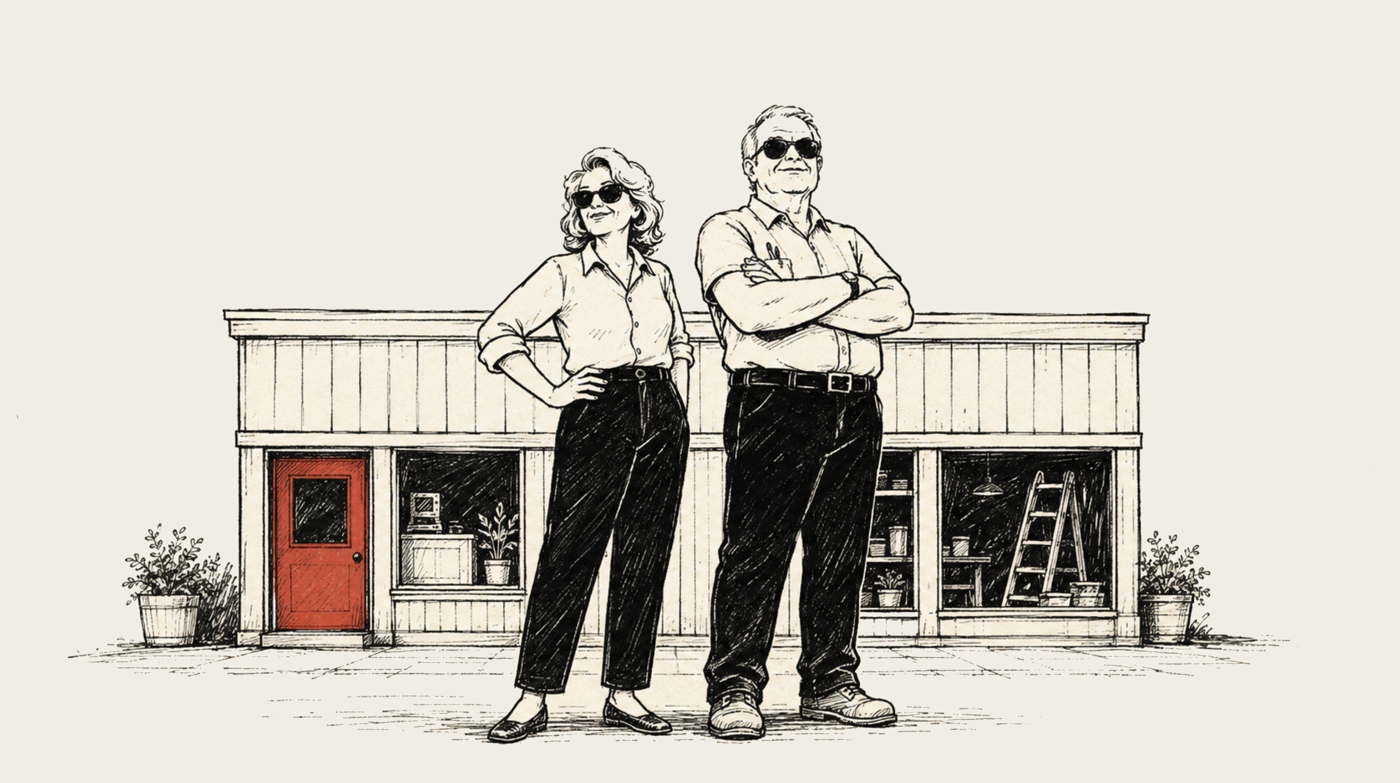 Illustration of two people wearing sunglasses standing confidently in front of a storefront.